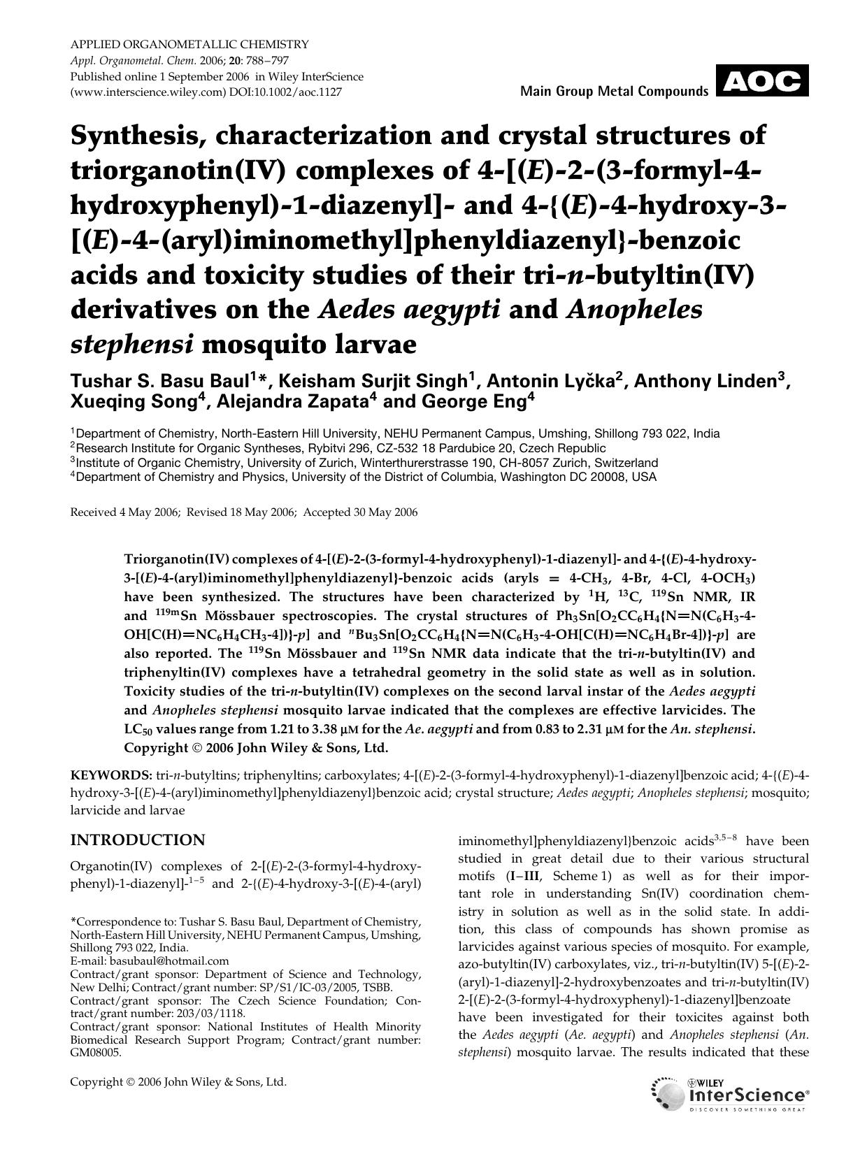 Synthesis, characterization and crystal structures of triorganotin(IV) complexes of 4-[(E)-2-(3-formyl-4- hydroxyphenyl)-1-diazenyl]- and 4-[lcub](E)-4-hydroxy-3-[(E)-4-(aryl)imino by Unknown