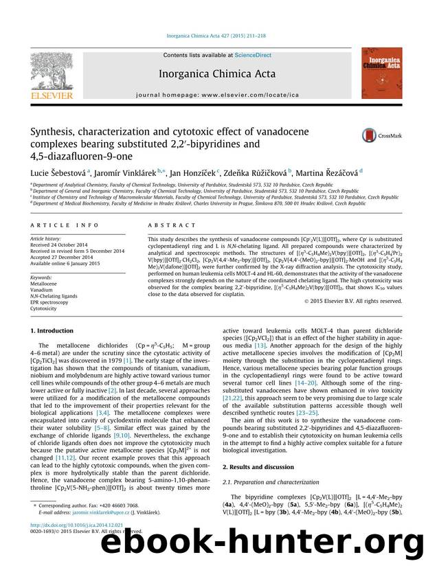 Synthesis, characterization and cytotoxic effect of vanadocene complexes bearing substituted 2,2Ã¢â¬Â²-bipyridines and 4,5-diazafluoren-9-one by unknow