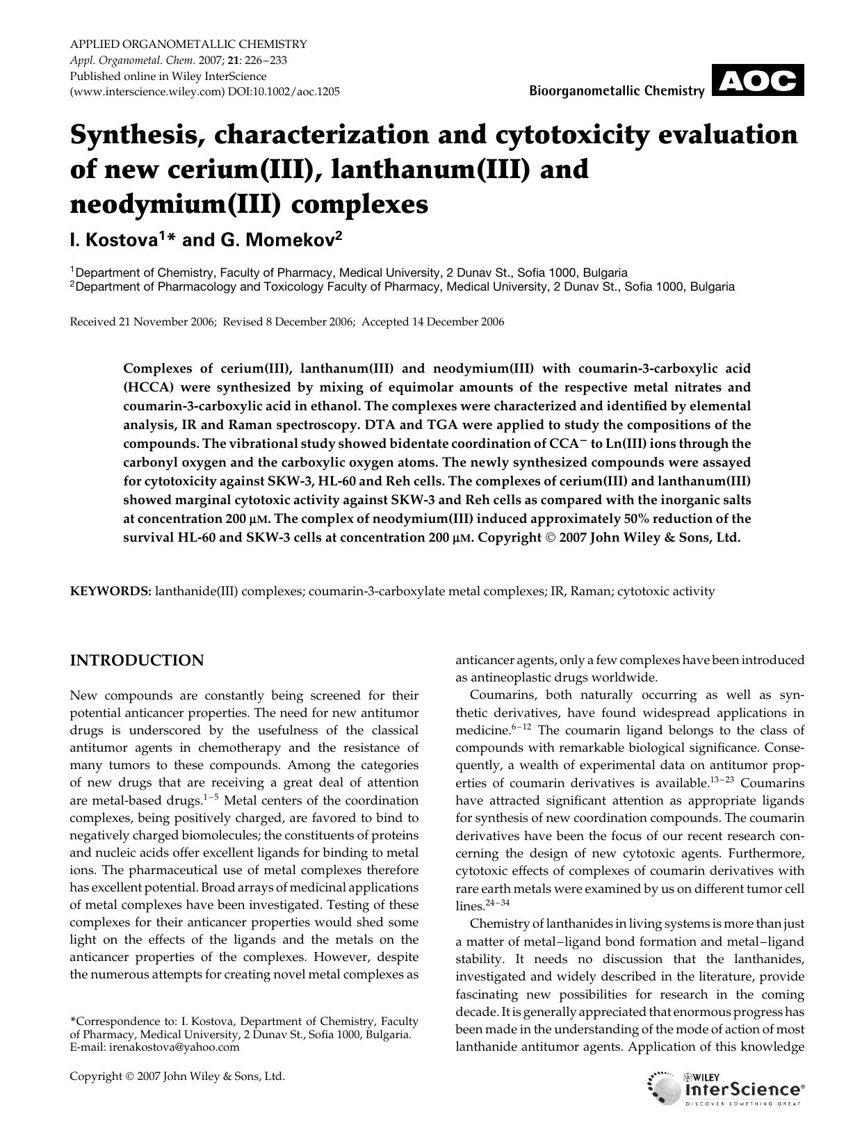 Synthesis, characterization and cytotoxicity evaluation of new cerium(III), lanthanum(III) and neodymium(III) complexes by Unknown