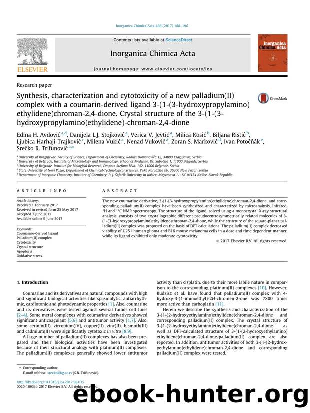 Synthesis, characterization and cytotoxicity of a new palladium(II) complex with a coumarin-derived ligand 3-(1-(3-hydroxypropylamino)ethylidene)chroman-2,4-dione. Crystal structur by unknow