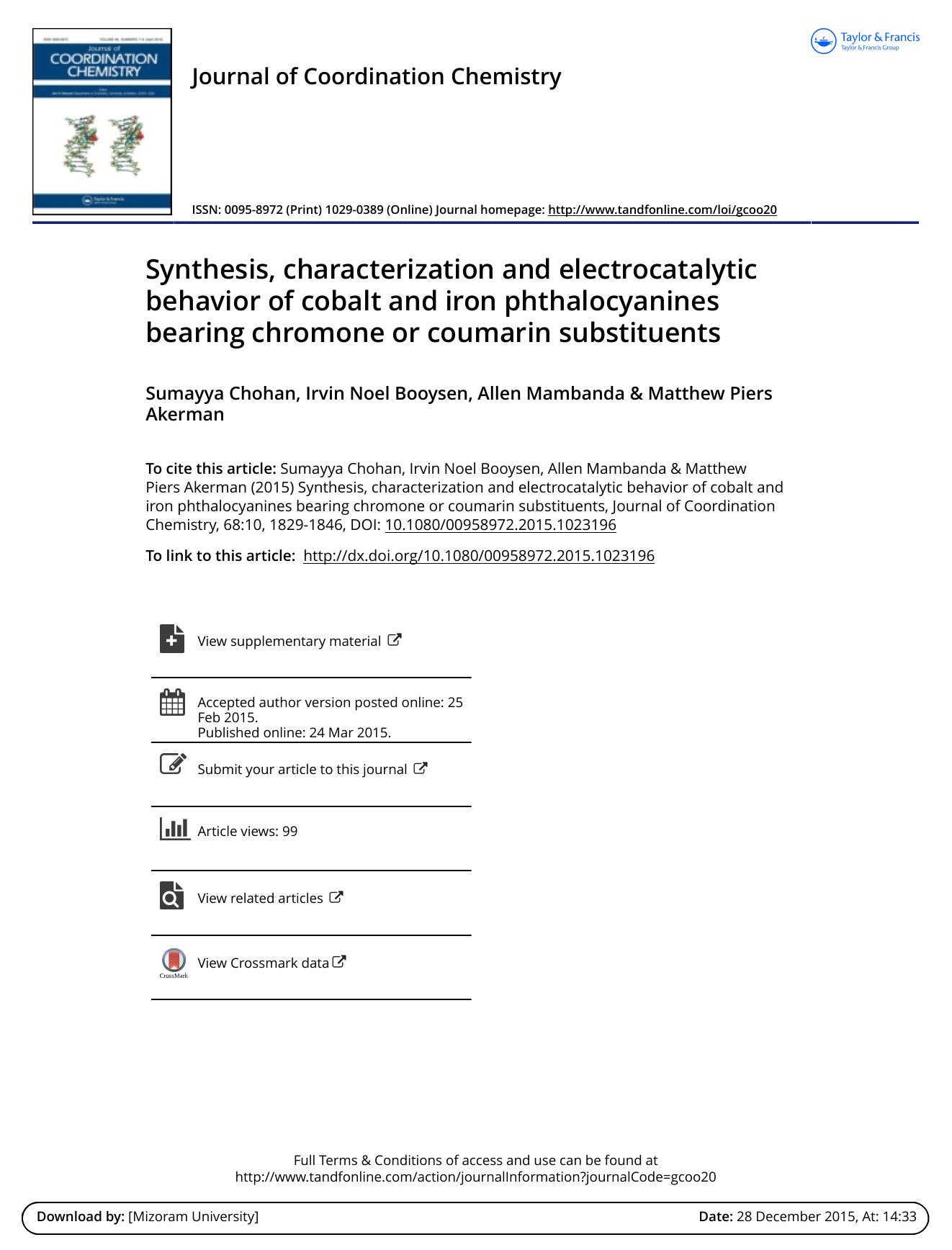Synthesis, characterization and electrocatalytic behavior of cobalt and iron phthalocyanines bearing chromone or coumarin substituents by Sumayya Chohan
