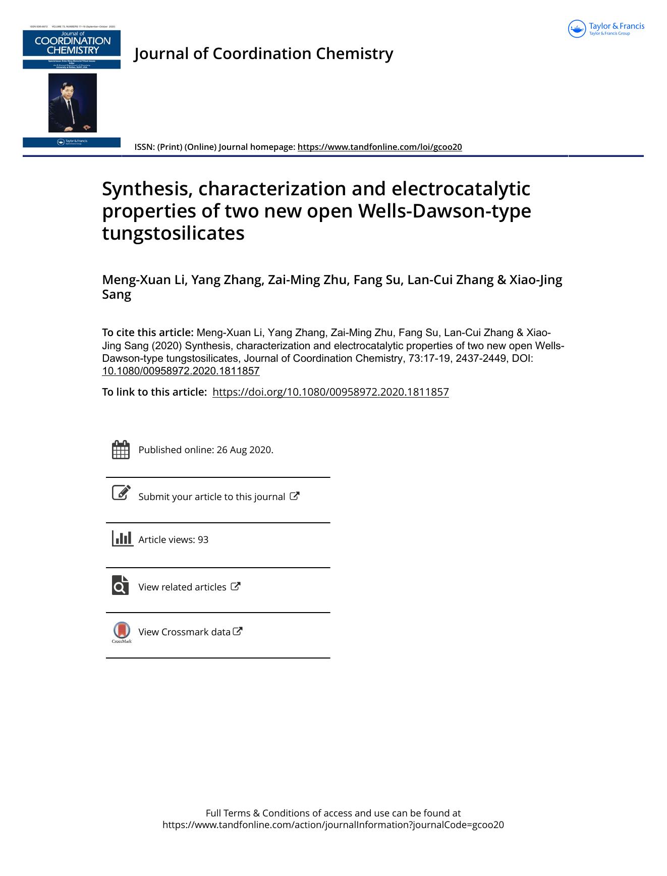 Synthesis, characterization and electrocatalytic properties of two new open Wells-Dawson-type tungstosilicates by Li Meng-Xuan & Zhang Yang & Zhu Zai-Ming & Su Fang & Zhang Lan-Cui & Sang Xiao-Jing