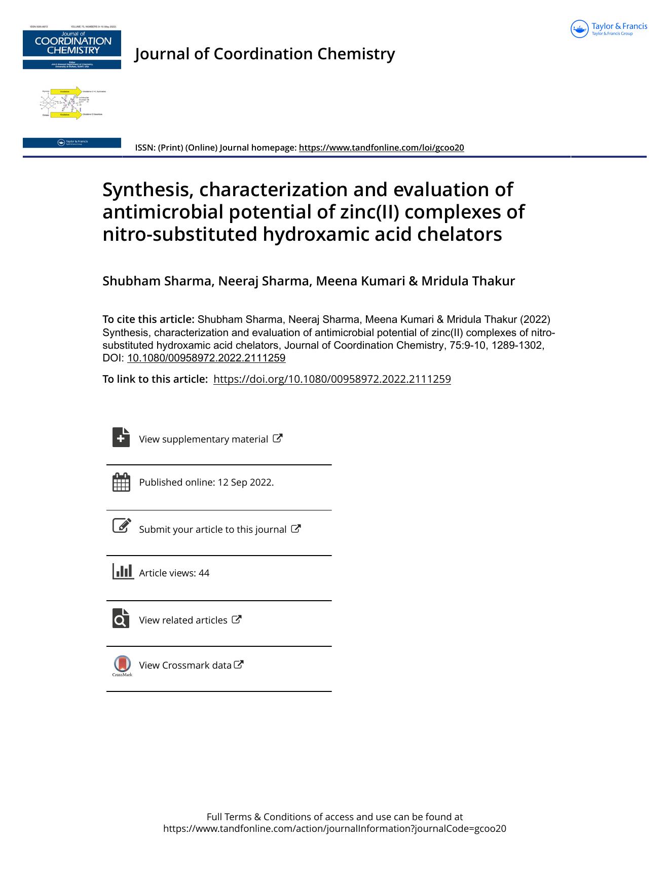 Synthesis, characterization and evaluation of antimicrobial potential of zinc(II) complexes of nitro-substituted hydroxamic acid chelators by Sharma Shubham & Sharma Neeraj & Kumari Meena & Thakur Mridula
