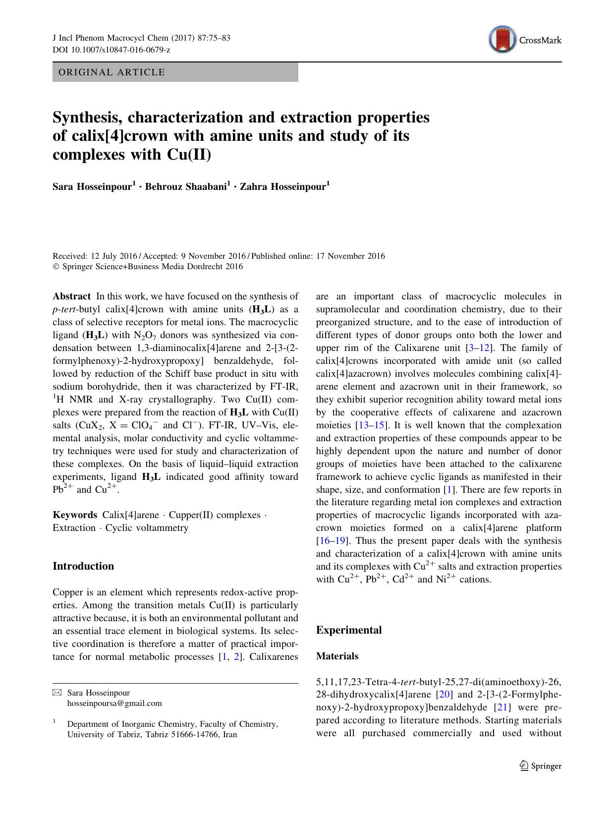 Synthesis, characterization and extraction properties of calix[4]crown with amine units and study of its complexes with Cu(II) by Sara Hosseinpour & Behrouz Shaabani & Zahra Hosseinpour