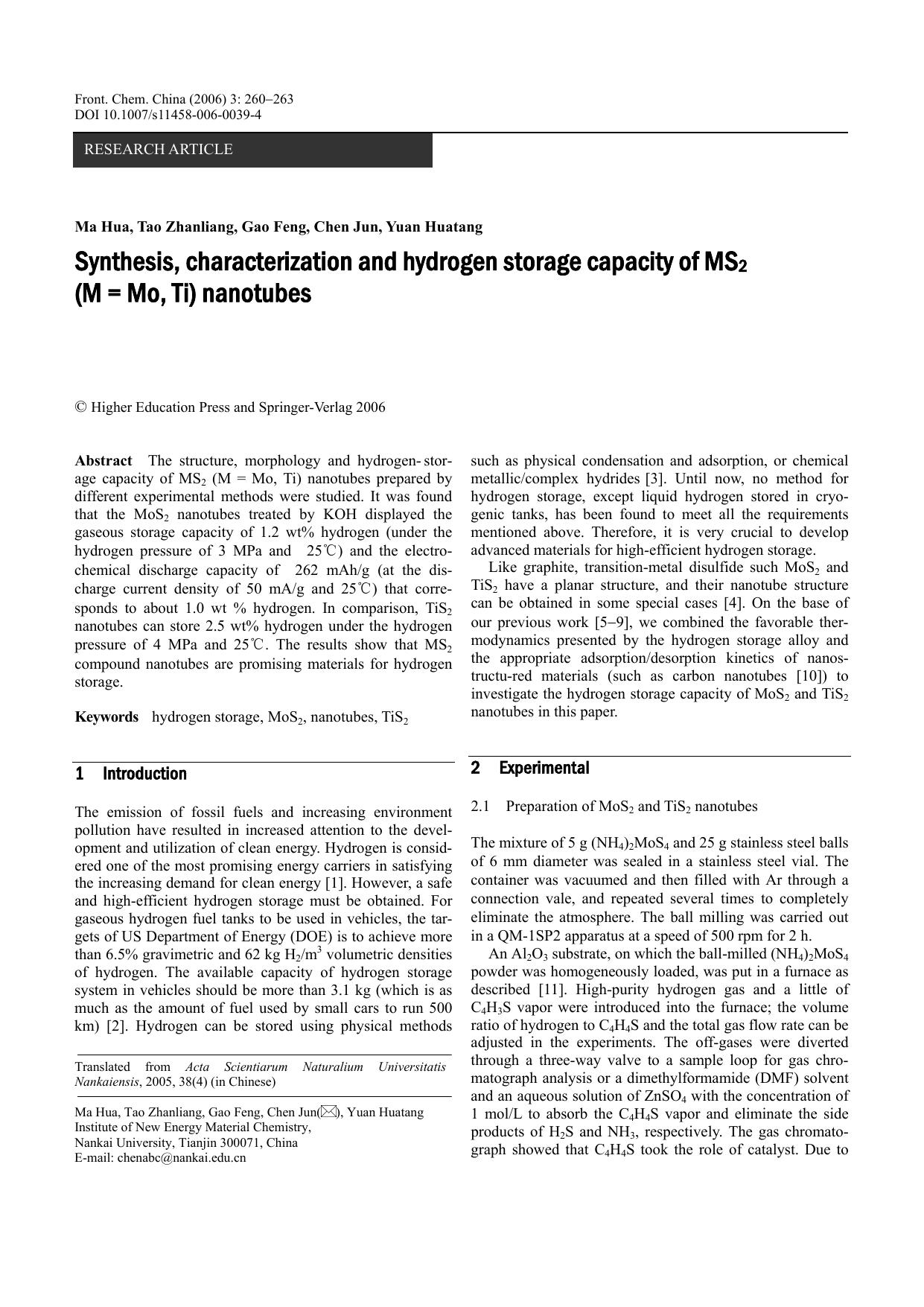 Synthesis, characterization and hydrogen storage capacity of MS<Subscript>2<Subscript> (M = Mo, Ti) nanotubes by Unknown