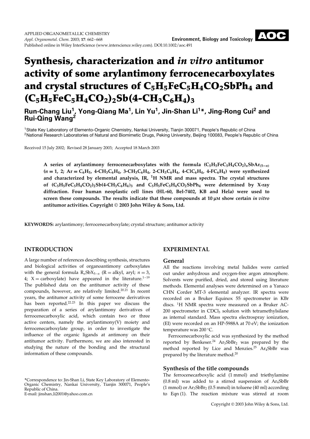 Synthesis, characterization and in vitro antitumor activity of some arylantimony ferrocenecarboxylates and crystal structures of C5H5FeC5H4CO2SbPh4 and (C5H5FeC5H4CO2)2Sb(4-CH3C6H4)3 by Unknown