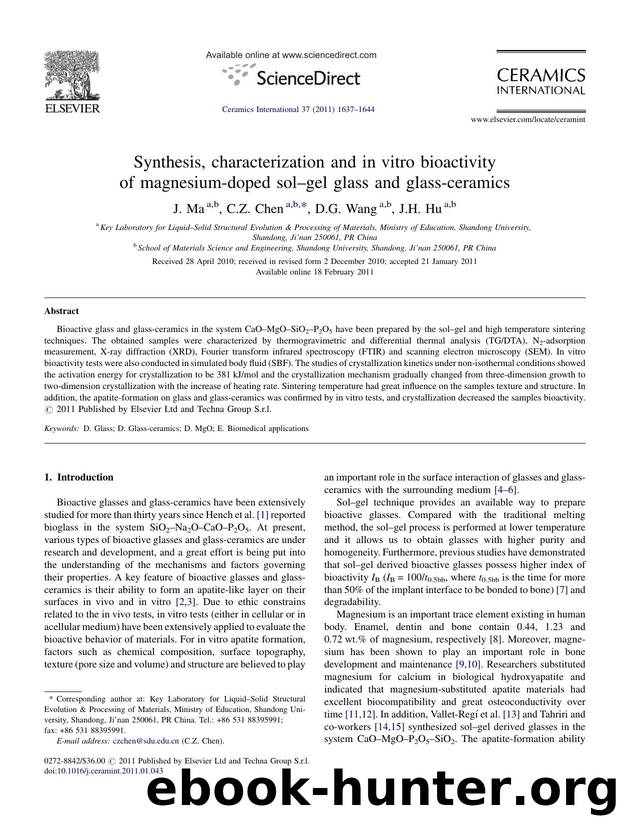 Synthesis, characterization and in vitro bioactivity of magnesium-doped solÃ¢â¬âgel glass and glass-ceramics by J. Ma