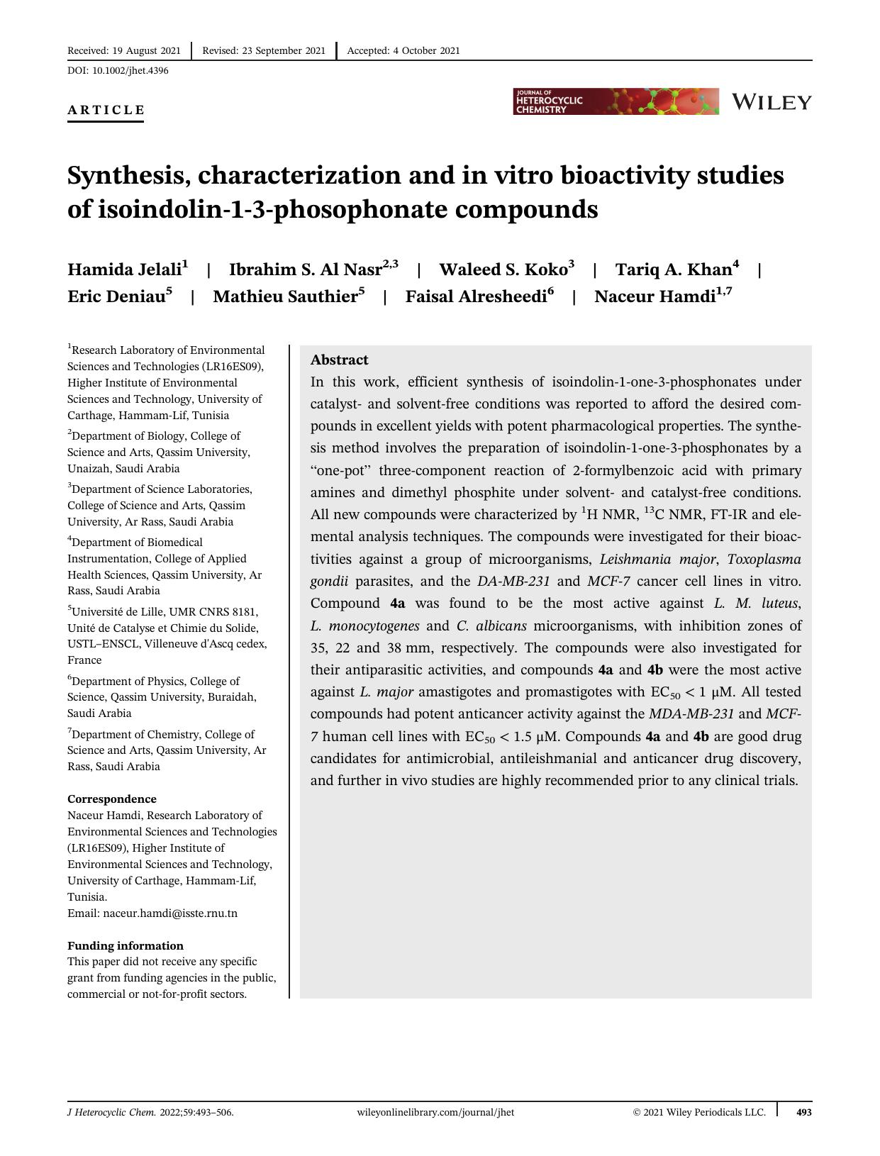 Synthesis, characterization and in vitro bioactivity studies of isoindolin-1-3-phosophonate compounds by Unknown