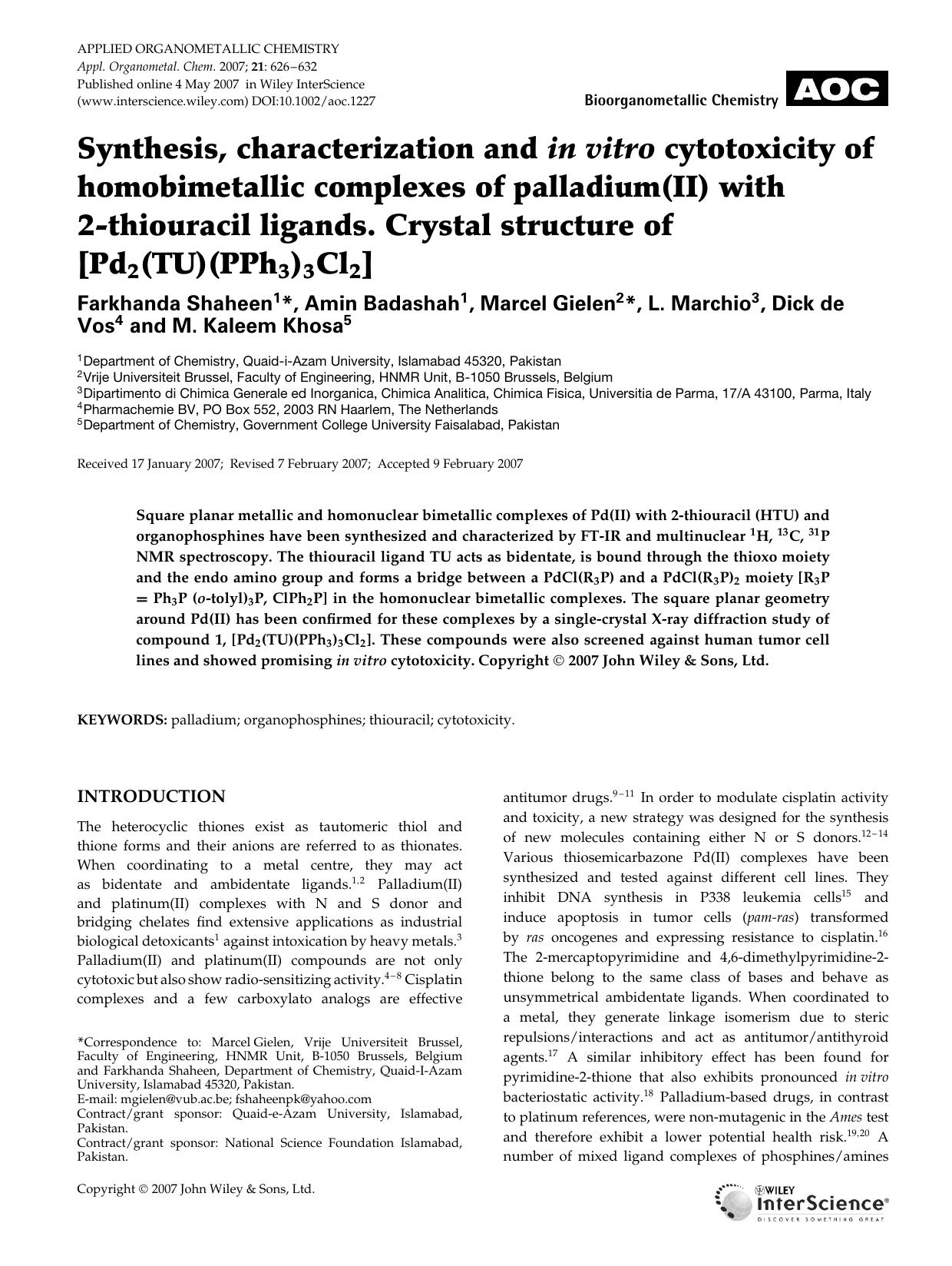 Synthesis, characterization and in vitro cytotoxicity of homobimetallic complexes of palladium(II) with 2-thiouracil ligands. Crystal structure of [Pd2(TU)(PPh3)3Cl2] by Unknown