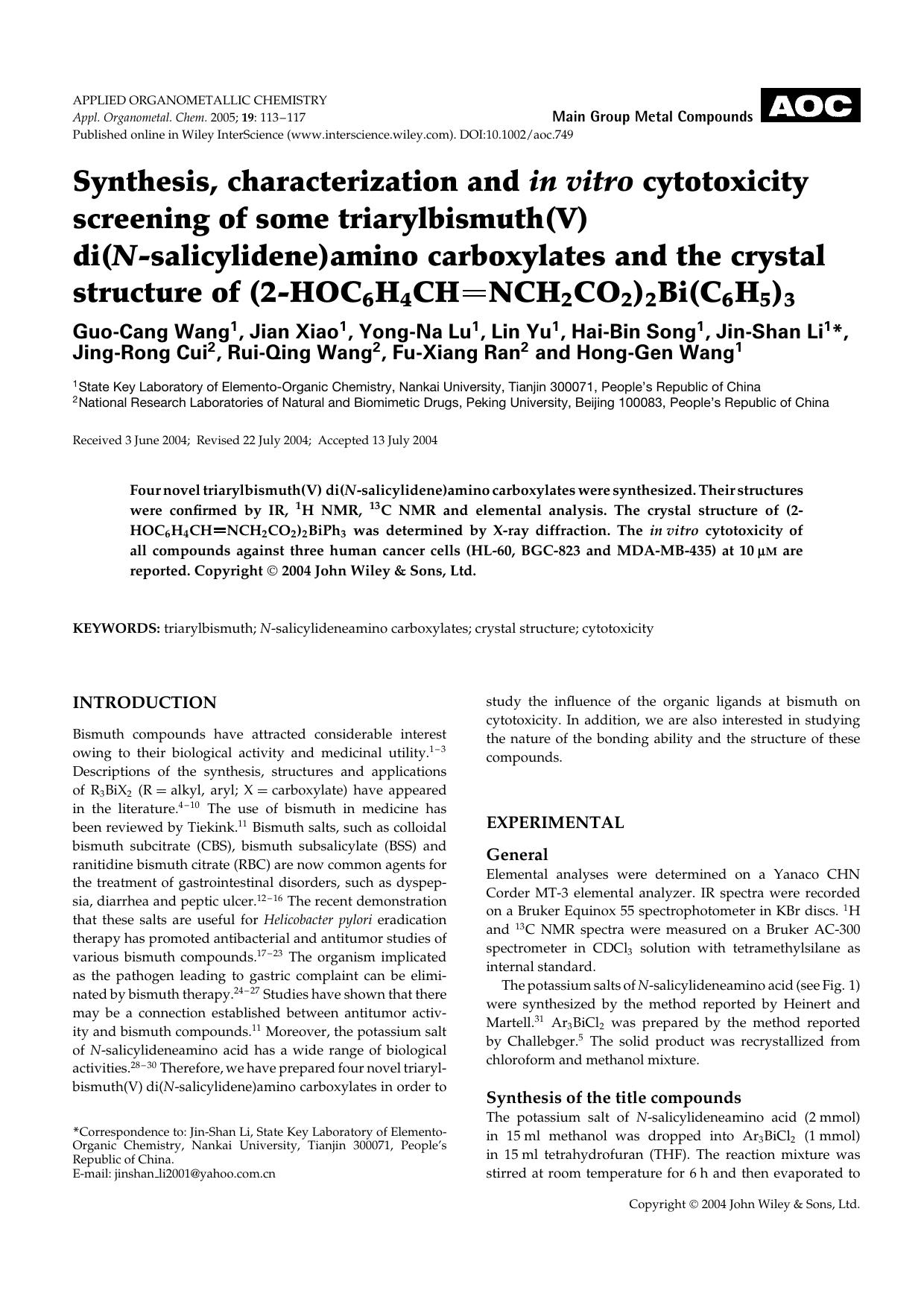 Synthesis, characterization and in vitro cytotoxicity screening of some triarylbismuth(V) di(N-salicylidene)amino carboxylates and the crystal structure of (2-HOC6H4CH[double bond]NCH2CO2)2Bi(C6H5)3 by Unknown