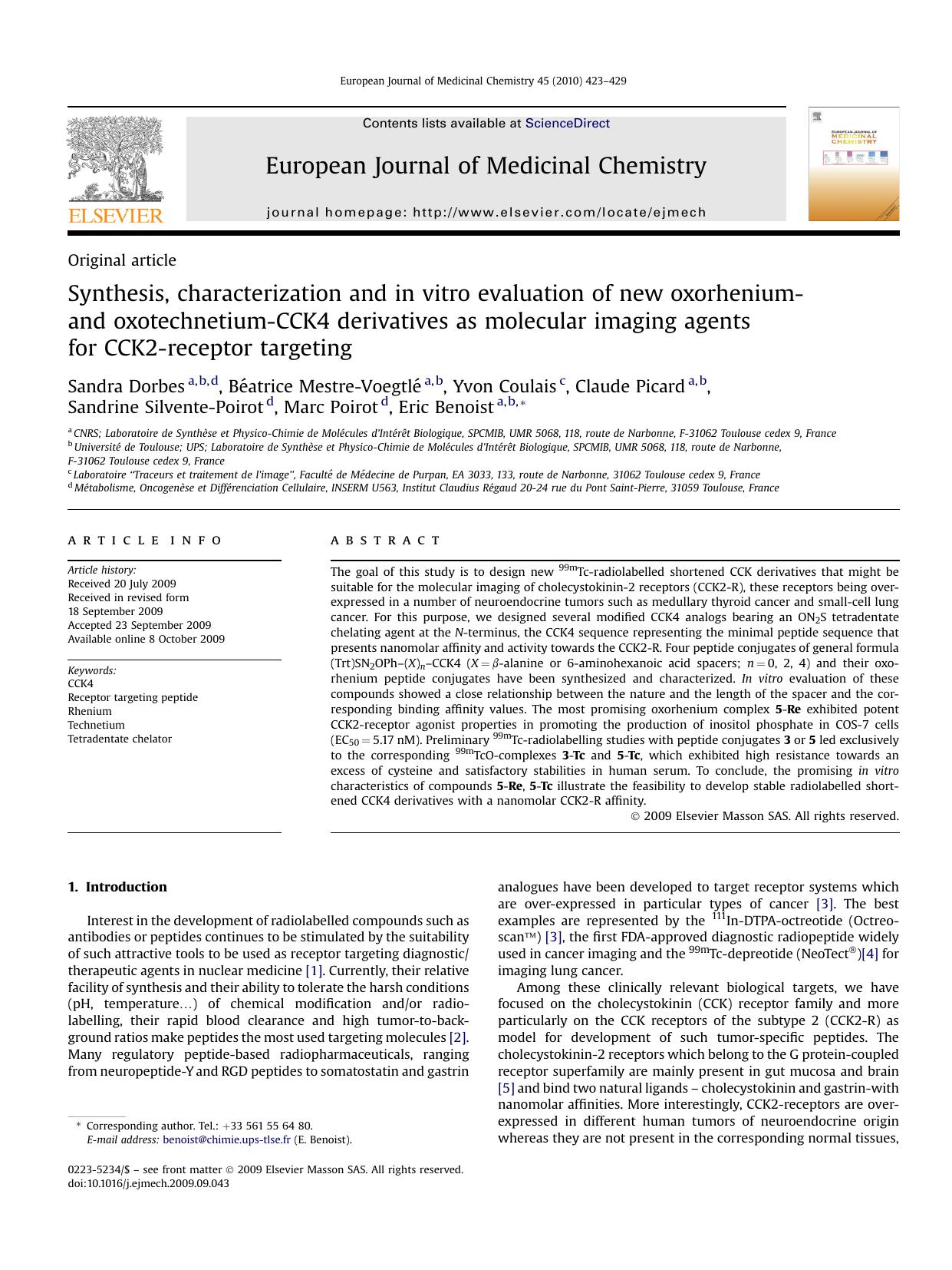 Synthesis, characterization and in vitro evaluation of new oxorhenium- and oxotechnetium-CCK4 derivatives as molecular imaging agents for CCK2-receptor targeting by unknow