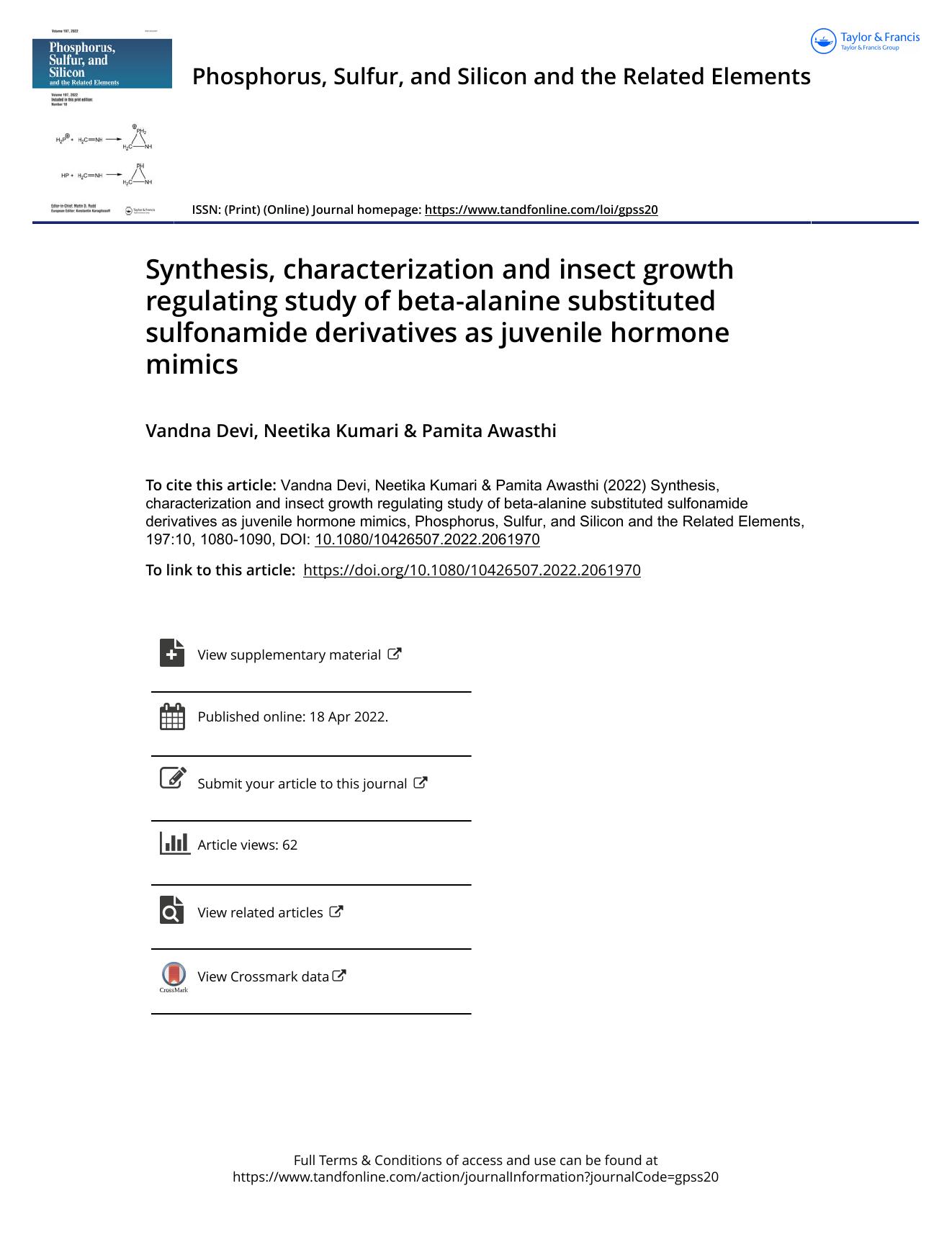 Synthesis, characterization and insect growth regulating study of beta-alanine substituted sulfonamide derivatives as juvenile hormone mimics by Devi Vandna & Kumari Neetika & Awasthi Pamita