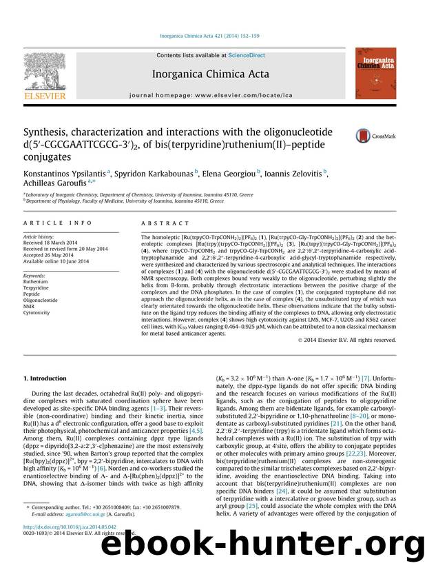 Synthesis, characterization and interactions with the oligonucleotide d(5Ã¢â¬Â²-CGCGAATTCGCG-3Ã¢â¬Â²)2, of bis(terpyridine)ruthenium(II)Ã¢â¬âpeptide conjugates by unknow