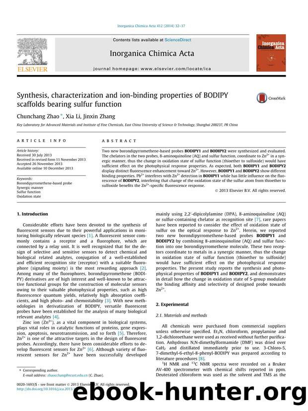 Synthesis, characterization and ion-binding properties of BODIPY scaffolds bearing sulfur function by Chunchang Zhao & Xia Li & Jinxin Zhang