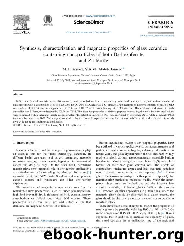 Synthesis, characterization and magnetic properties of glass ceramics containing nanoparticles of both Ba-hexaferrite and Zn-ferrite by M.A. Azooz & S.A.M. Abdel-Hameed