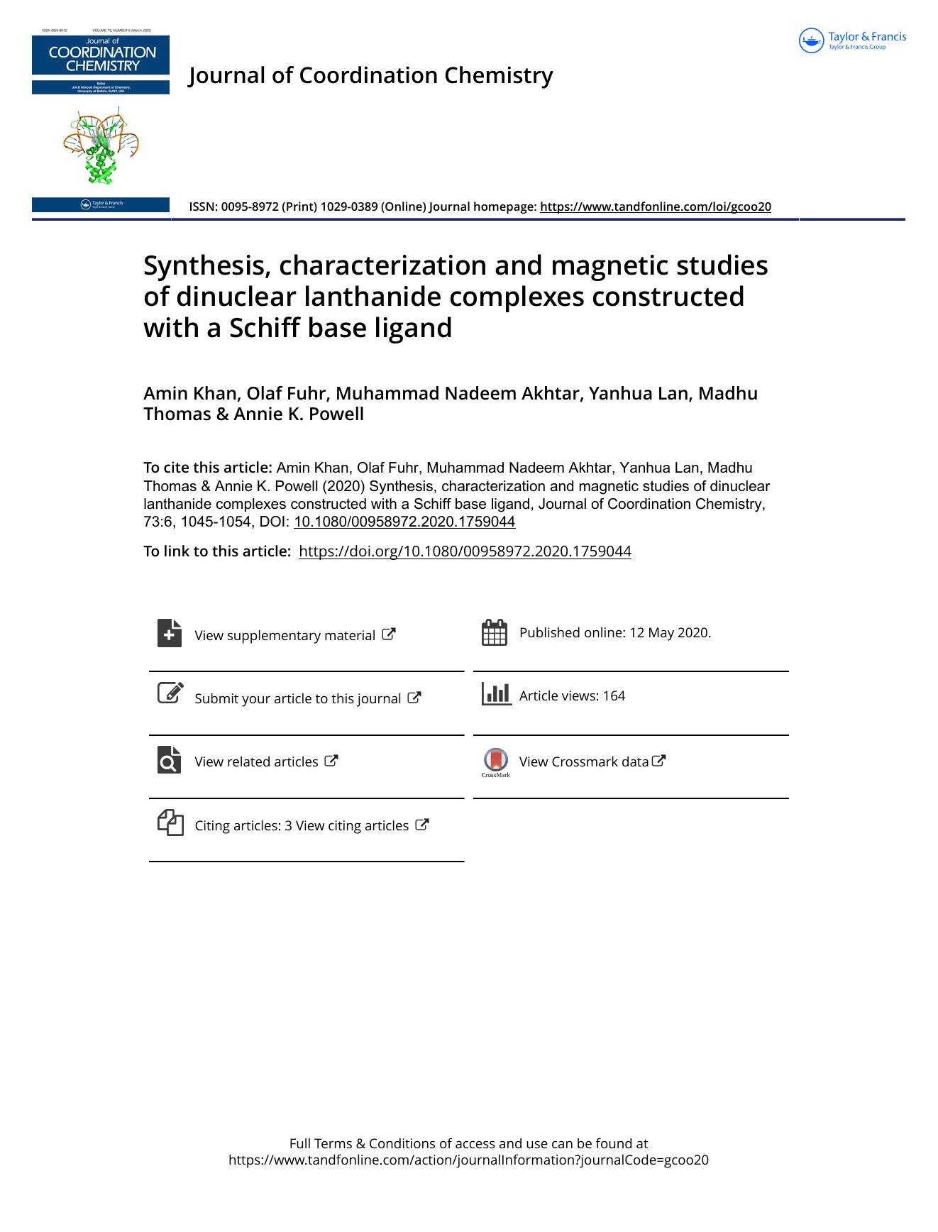 Synthesis, characterization and magnetic studies of dinuclear lanthanide complexes constructed with a Schiff base ligand by Khan Amin & Fuhr Olaf & Akhtar Muhammad Nadeem & Lan Yanhua & Thomas Madhu & Powell Annie K