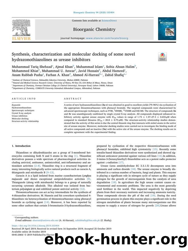 Synthesis, characterization and molecular docking of some novel hydrazonothiazolines as urease inhibitors by unknow