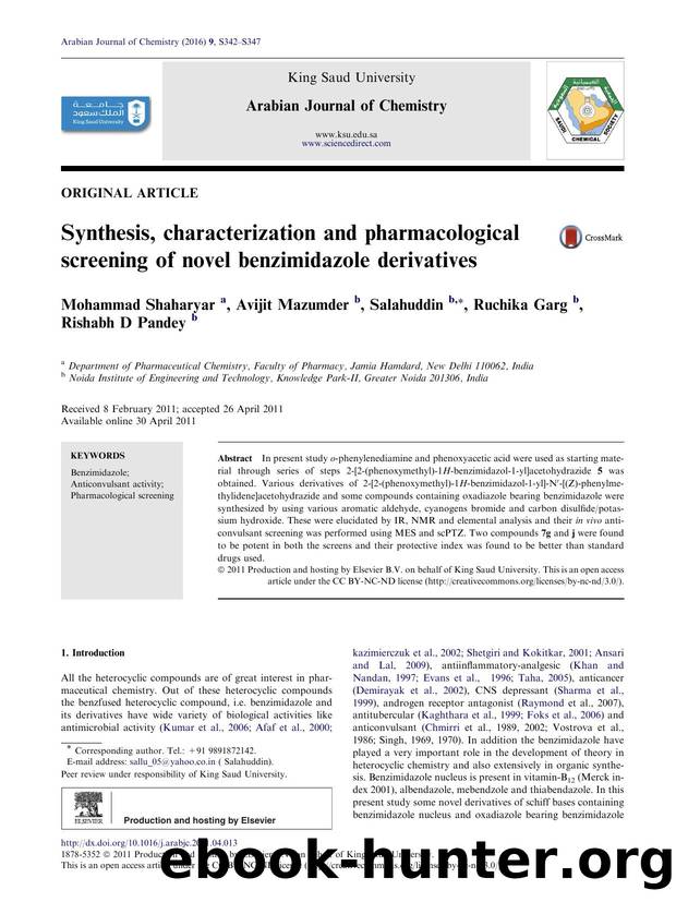 Synthesis, characterization and pharmacological screening of novel benzimidazole derivatives by Mohammad Shaharyar & Avijit Mazumder & Salahuddin & Ruchika Garg & Rishabh D Pandey