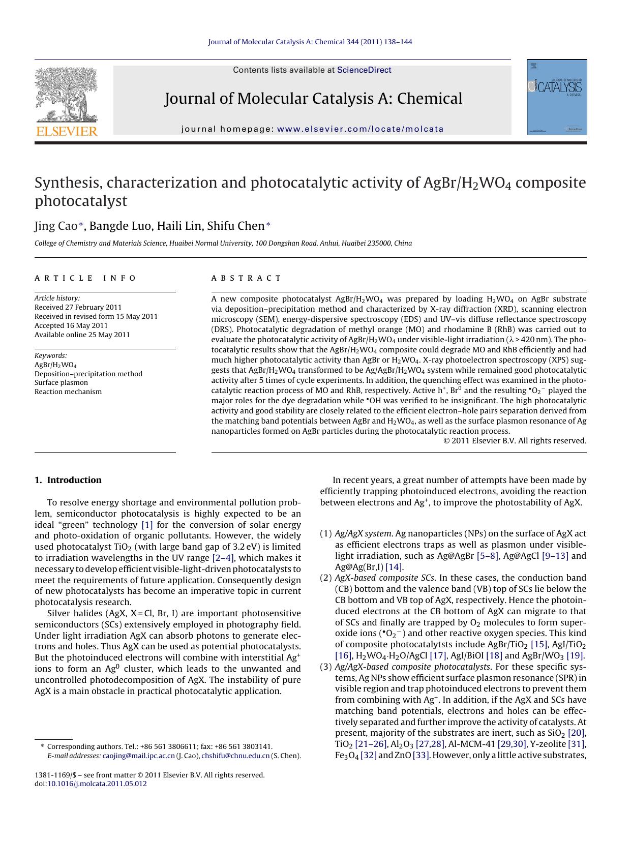 Synthesis, characterization and photocatalytic activity of AgBrH2WO4 composite photocatalyst by Jing Cao
