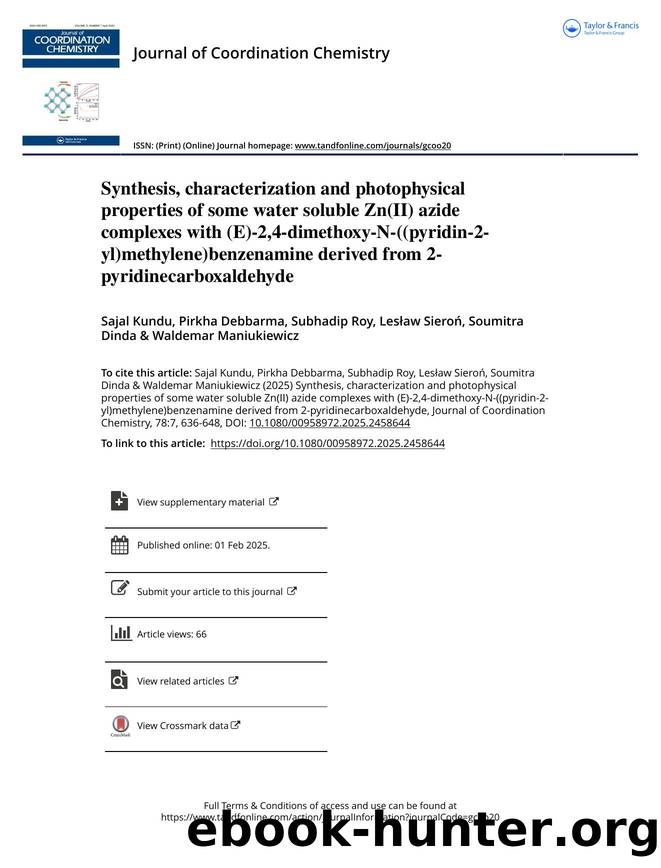 Synthesis, characterization and photophysical properties of some water soluble Zn(II) azide complexes with (E)-2,4-dimethoxy-N-((pyridin-2-yl)methylene)benzenamine derived from 2-p by unknow