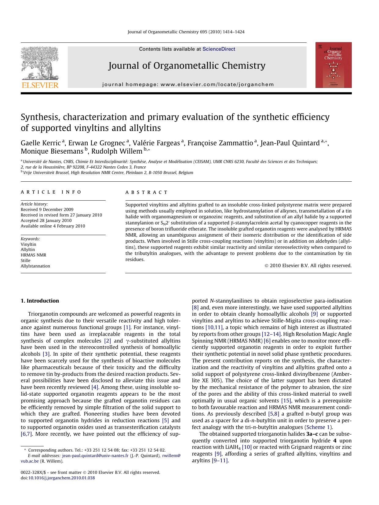 Synthesis, characterization and primary evaluation of the synthetic efficiency of supported vinyltins and allyltins by unknow