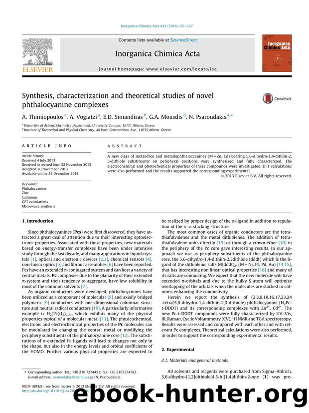 Synthesis, characterization and theoretical studies of novel phthalocyanine complexes by A. Thimiopoulos & A. Vogiatzi & E.D. Simandiras & G.A. Mousdis & N. Psaroudakis