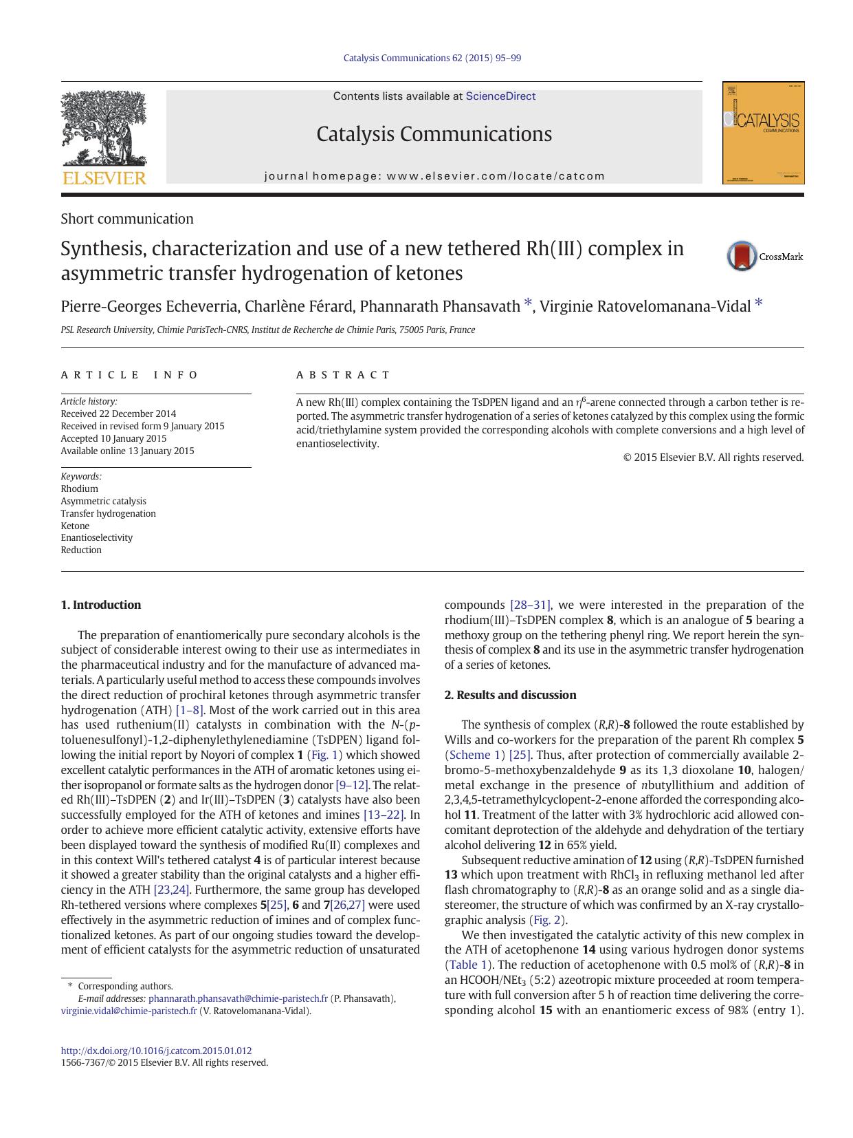 Synthesis, characterization and use of a new tethered Rh(III) complex in asymmetric transfer hydrogenation of ketones by unknow