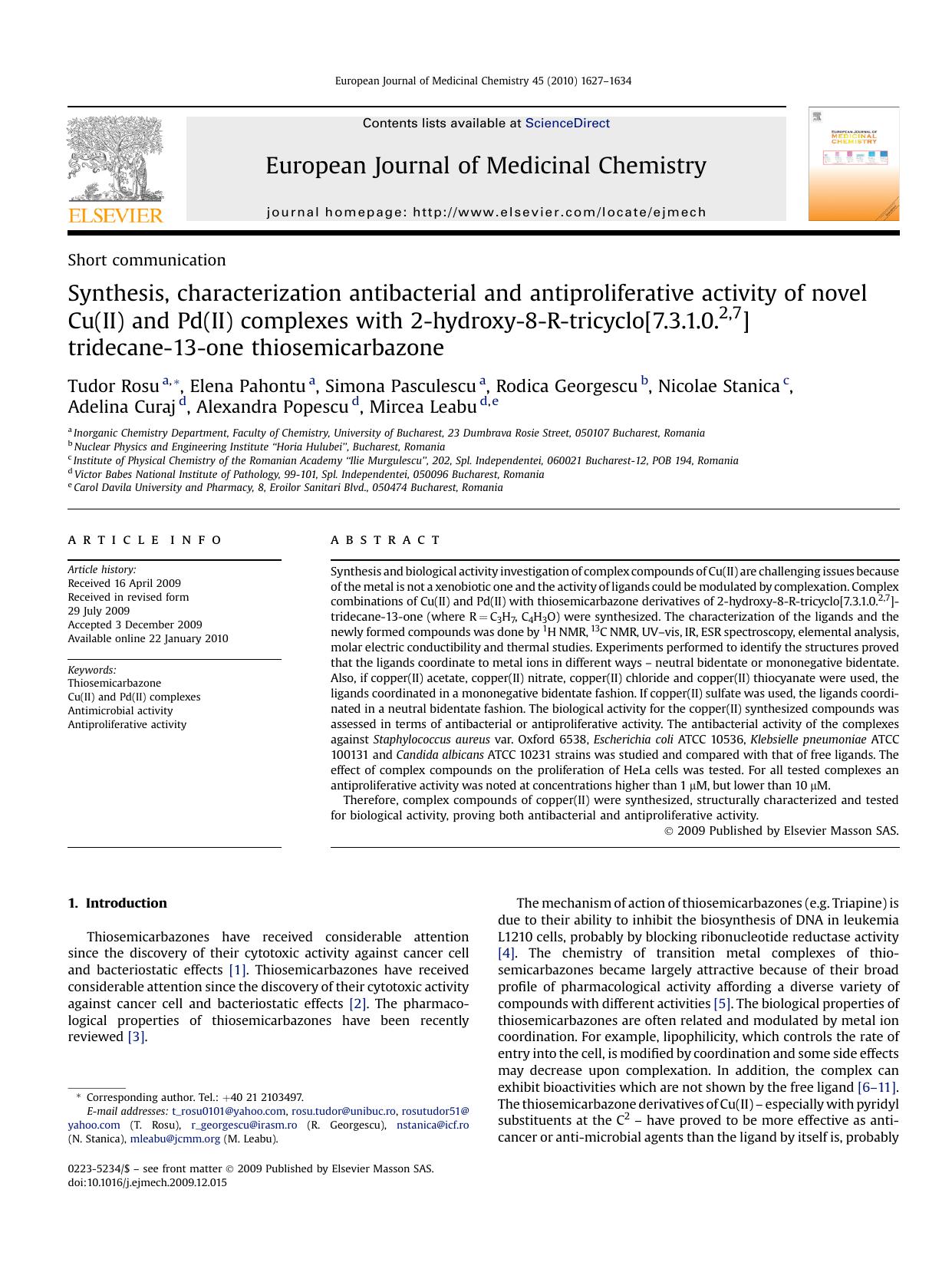 Synthesis, characterization antibacterial and antiproliferative activity of novel Cu(II) and Pd(II) complexes with 2-hydroxy-8-R-tricyclo[7.3.1.0.2,7]tridecane-13-one thiosemicarbazone by unknow
