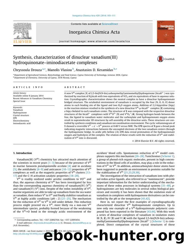 Synthesis, characterization of dinuclear vanadium(III) hydroquinonateÃ¢â¬âiminodiacetate complexes by Chryssoula Drouza & Manolis Vlasiou & Anastasios D. Keramidas