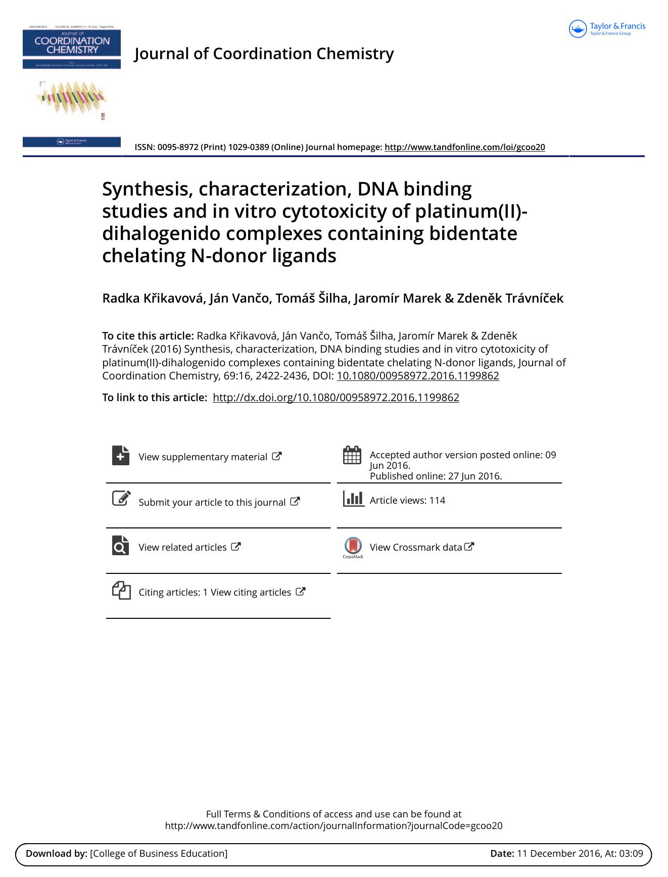 Synthesis, characterization, DNA binding studies and in vitro cytotoxicity of platinum(II)-dihalogenido complexes containing bidentate chelating N-donor ligands by Radka Křikavová & Ján Vančo & Tomáš Šilha & Jaromír Marek & Zdeněk Trávníček