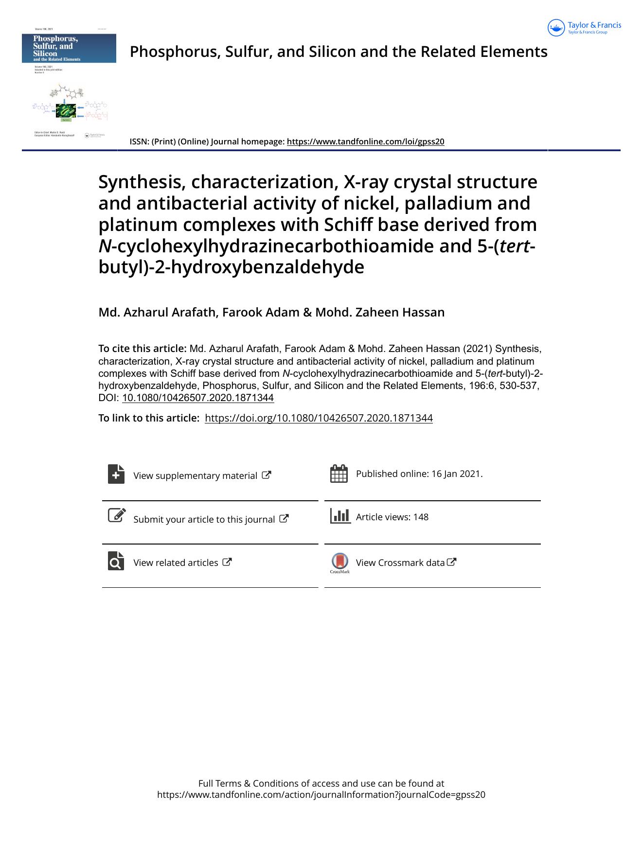 Synthesis, characterization, X-ray crystal structure and antibacterial activity of nickel, palladium and platinum complexes with Schiff base derived from N-cyclohexylhydrazinecarbo by Arafath Md. Azharul & Adam Farook & Hassan Mohd. Zaheen