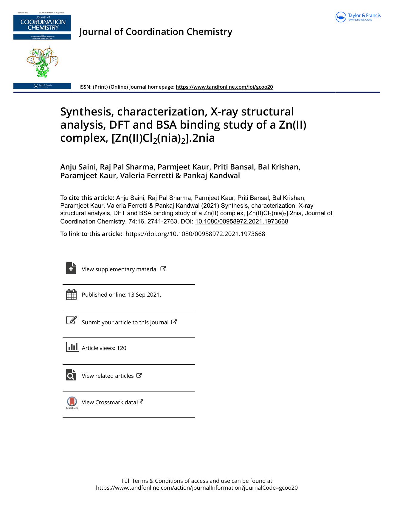Synthesis, characterization, X-ray structural analysis, DFT and BSA binding study of a Zn(II) complex, [Zn(II)Cl2(nia)2].2nia by unknow