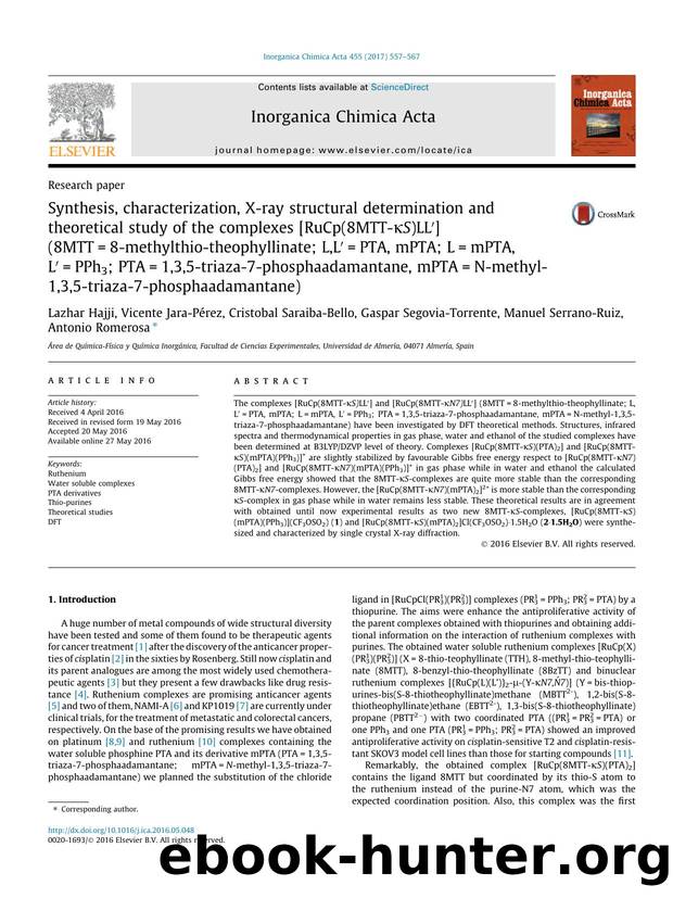 Synthesis, characterization, X-ray structural determination and theoretical study of the complexes [RuCp(8MTT-ÃÂºS)LLÃ¢â¬Â²] (8MTT=8-methylthio-theophyllinate; L,LÃ¢â¬Â²=PTA, mP by unknow