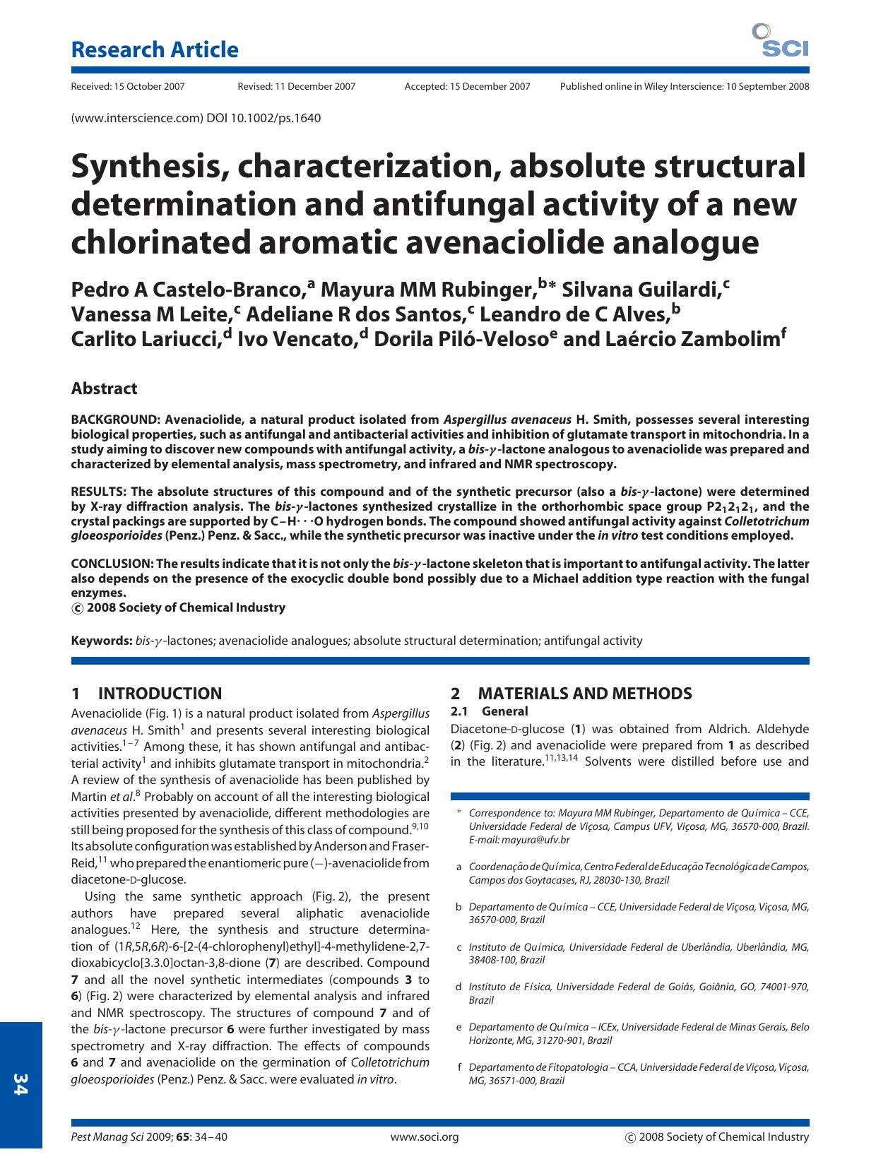 Synthesis, characterization, absolute structural determination and antifungal activity of a new chlorinated aromatic avenaciolide analogue by Unknown