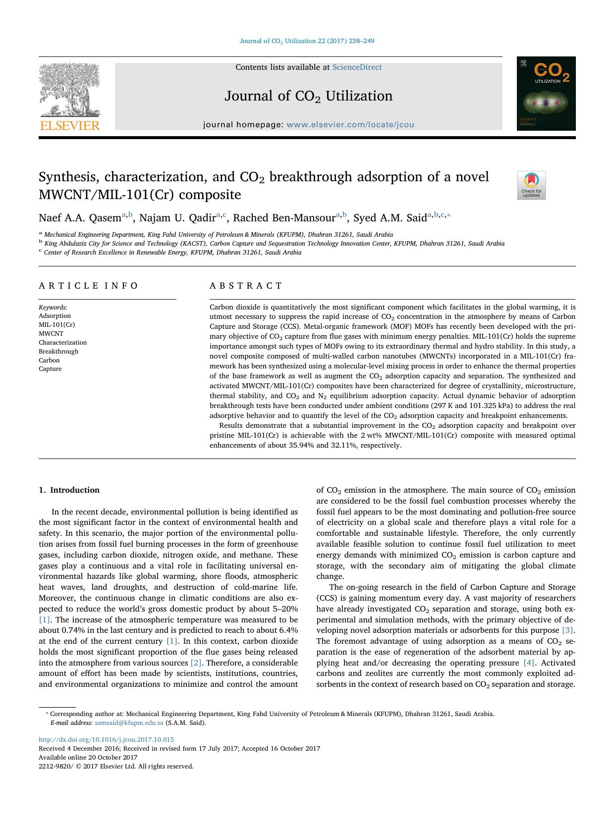 Synthesis, characterization, and CO2 breakthrough adsorption of a novel MWCNTMIL-101(Cr) composite by Naef A.A. Qasem & Najam U. Qadir & Rached Ben-Mansour & Syed A.M. Said