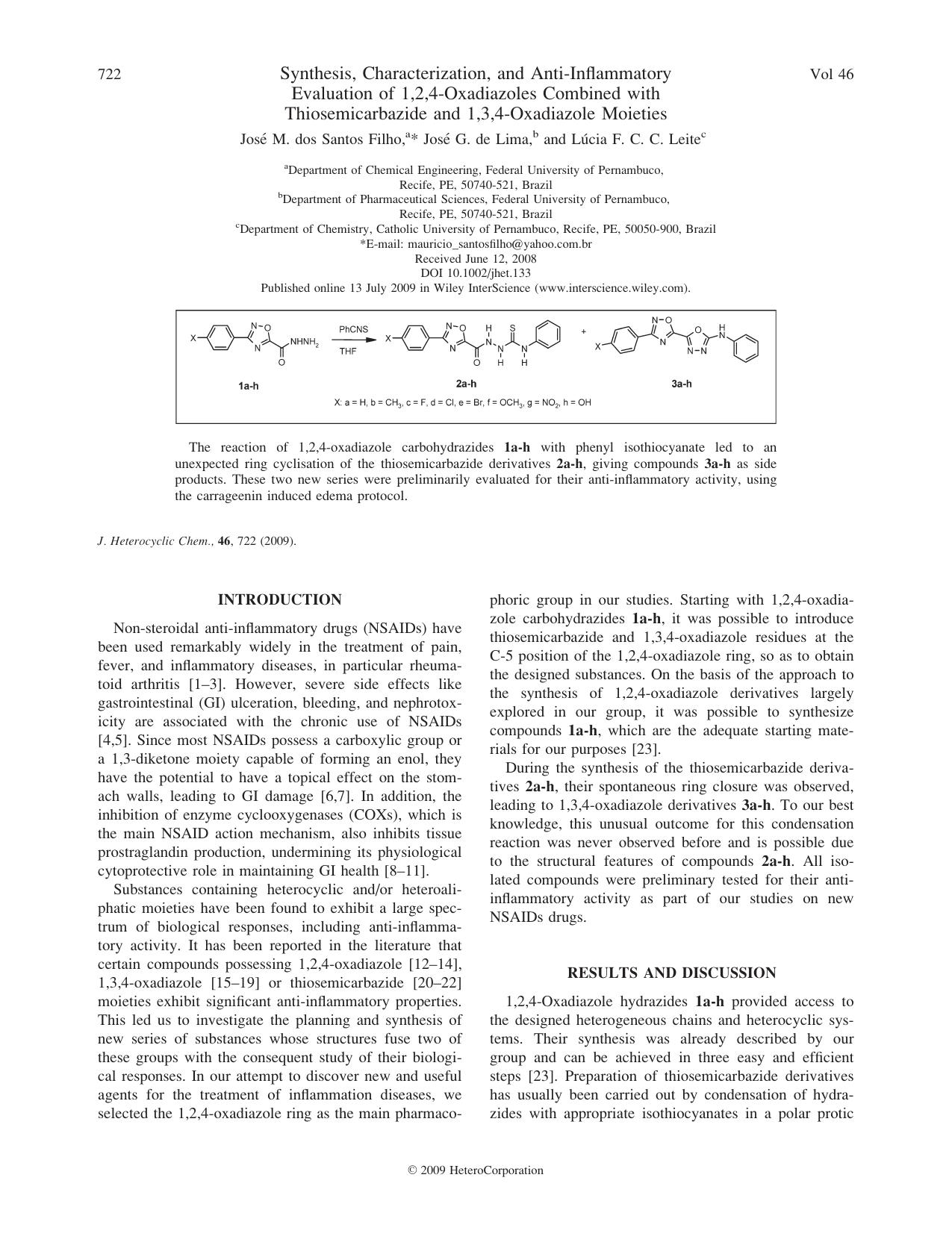Synthesis, characterization, and anti-inflammatory evaluation of 1,2,4-oxadiazoles combined with thiosemicarbazide and 1,3,4-oxadiazole moieties by Unknown