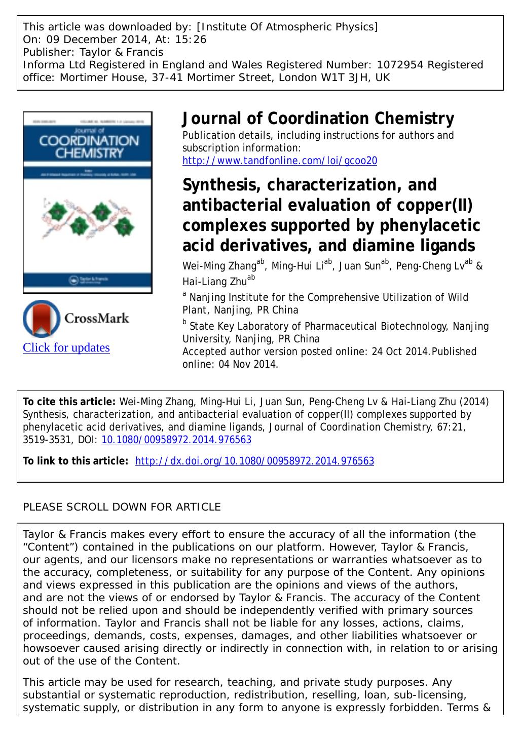 Synthesis, characterization, and antibacterial evaluation of copper(II) complexes supported by phenylacetic acid derivatives, and diamine ligands by Wei-Ming Zhang