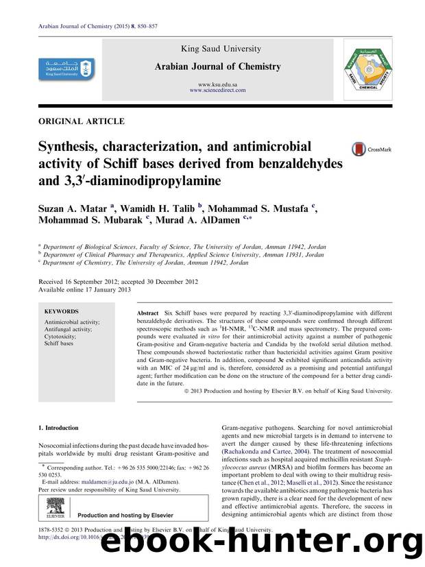 Synthesis, characterization, and antimicrobial activity of Schiff bases derived from benzaldehydes and 3,3Ã¢â¬Â²-diaminodipropylamine by Suzan A. Matar & Wamidh H. Talib & Mohammad S. Mustafa & Mohammad S. Mubarak & Murad A. AlDamen
