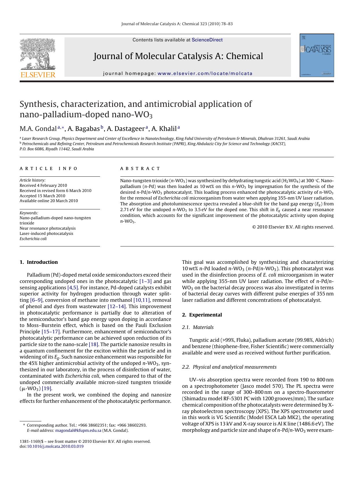 Synthesis, characterization, and antimicrobial application of nano-palladium-doped nano-WO3 by M.A. Gondal; A. Bagabas; A. Dastageer; A. Khalil