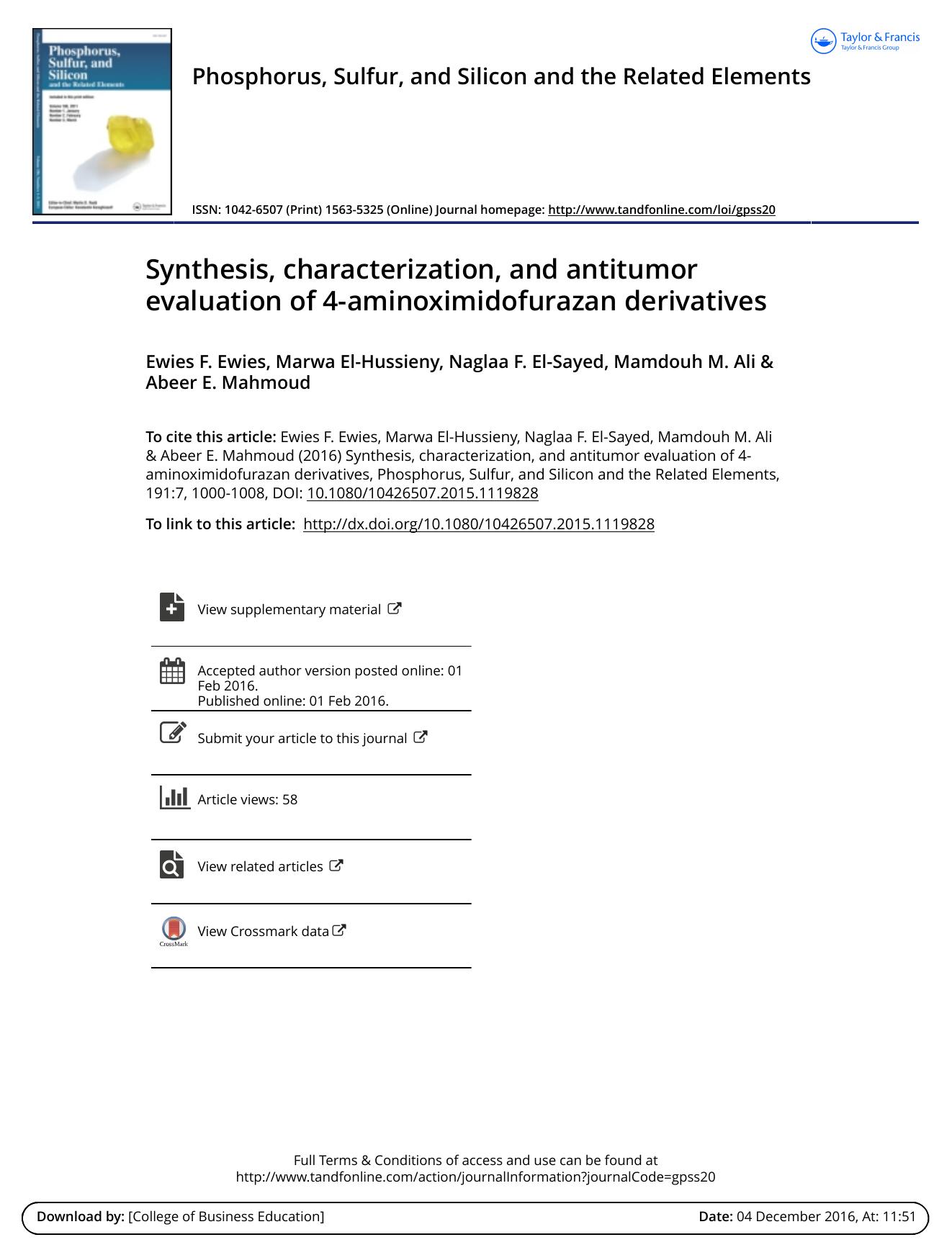 Synthesis, characterization, and antitumor evaluation of 4-aminoximidofurazan derivatives by Ewies F. Ewies & Marwa El-Hussieny & Naglaa F. El-Sayed & Mamdouh M. Ali & Abeer E. Mahmoud