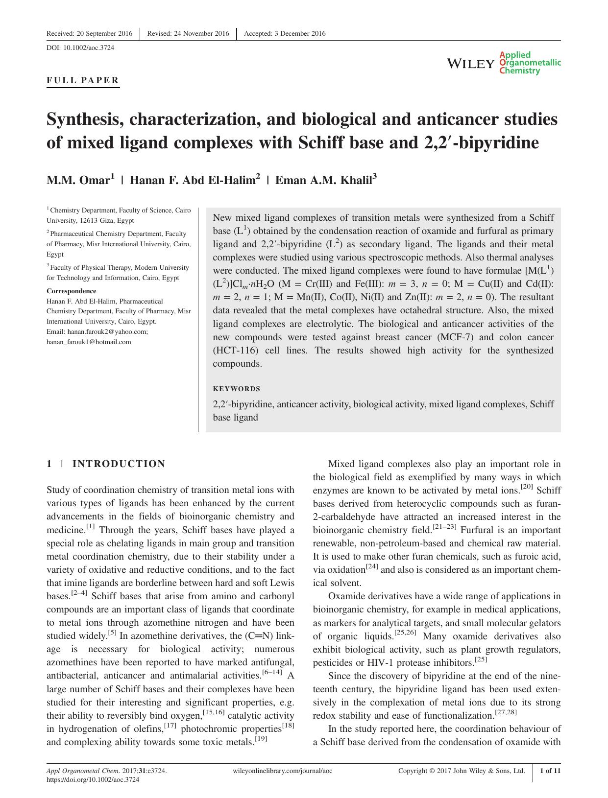 Synthesis, characterization, and biological and anticancer studies of mixed ligand complexes with Schiff base and 2,2-bipyridine by M.M. Omar Hanan F. Abd El-Halim Eman A.M. Khalil