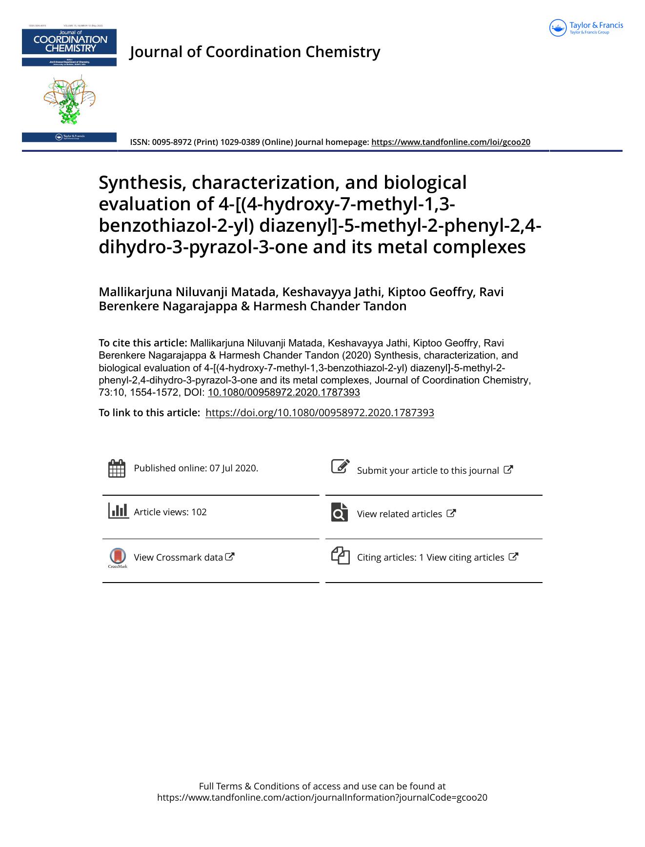 Synthesis, characterization, and biological evaluation of 4-[(4-hydroxy-7-methyl-1,3-benzothiazol-2-yl) diazenyl]-5-methyl-2-phenyl-2,4-dihydro-3-pyrazol-3-one and its metal complexes by unknow