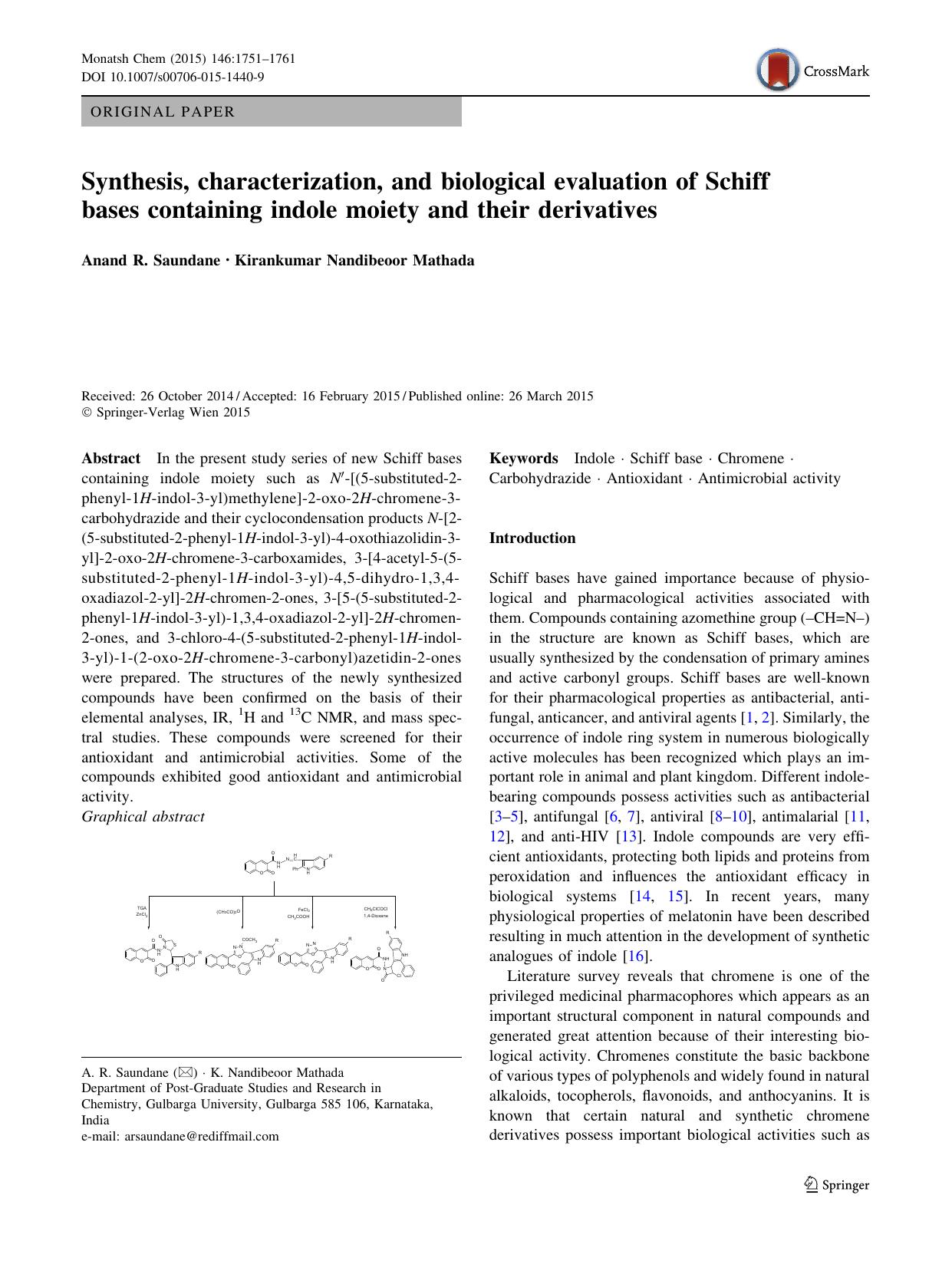 Synthesis, characterization, and biological evaluation of Schiff bases containing indole moiety and their derivatives by Anand R. Saundane & Kirankumar Nandibeoor Mathada
