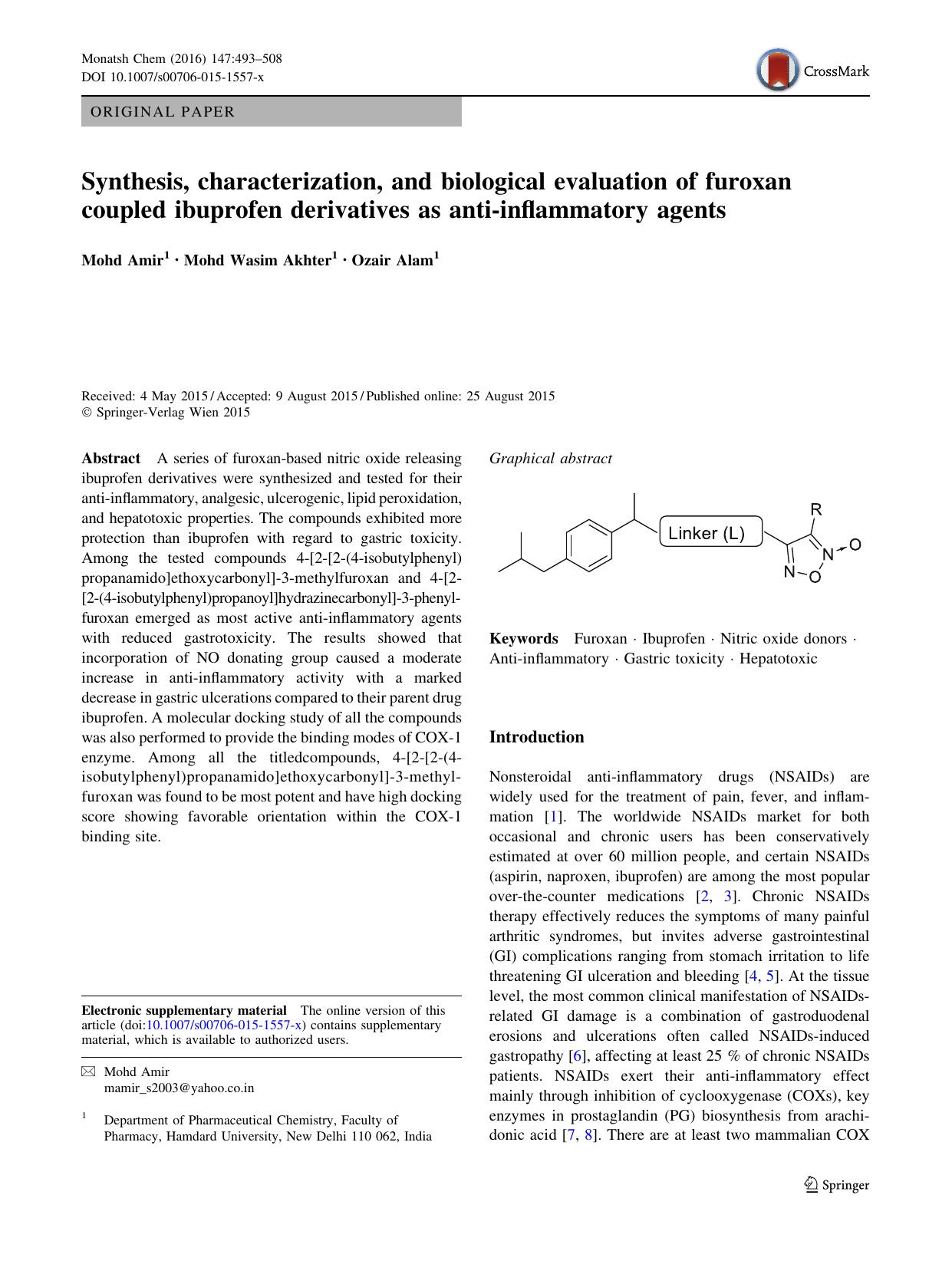 Synthesis, characterization, and biological evaluation of furoxan coupled ibuprofen derivatives as anti-inflammatory agents by Mohd Amir & Mohd Wasim Akhter & Ozair Alam