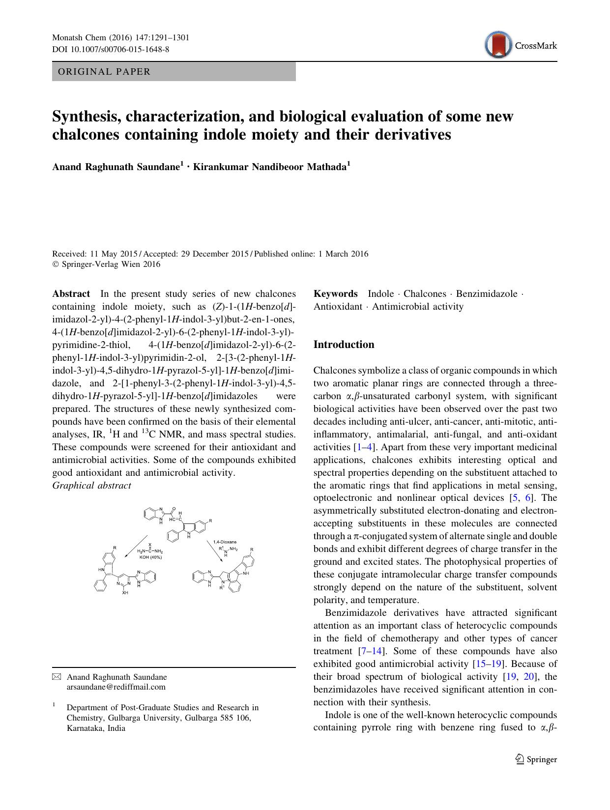 Synthesis, characterization, and biological evaluation of some new chalcones containing indole moiety and their derivatives by Anand Raghunath Saundane & Kirankumar Nandibeoor Mathada
