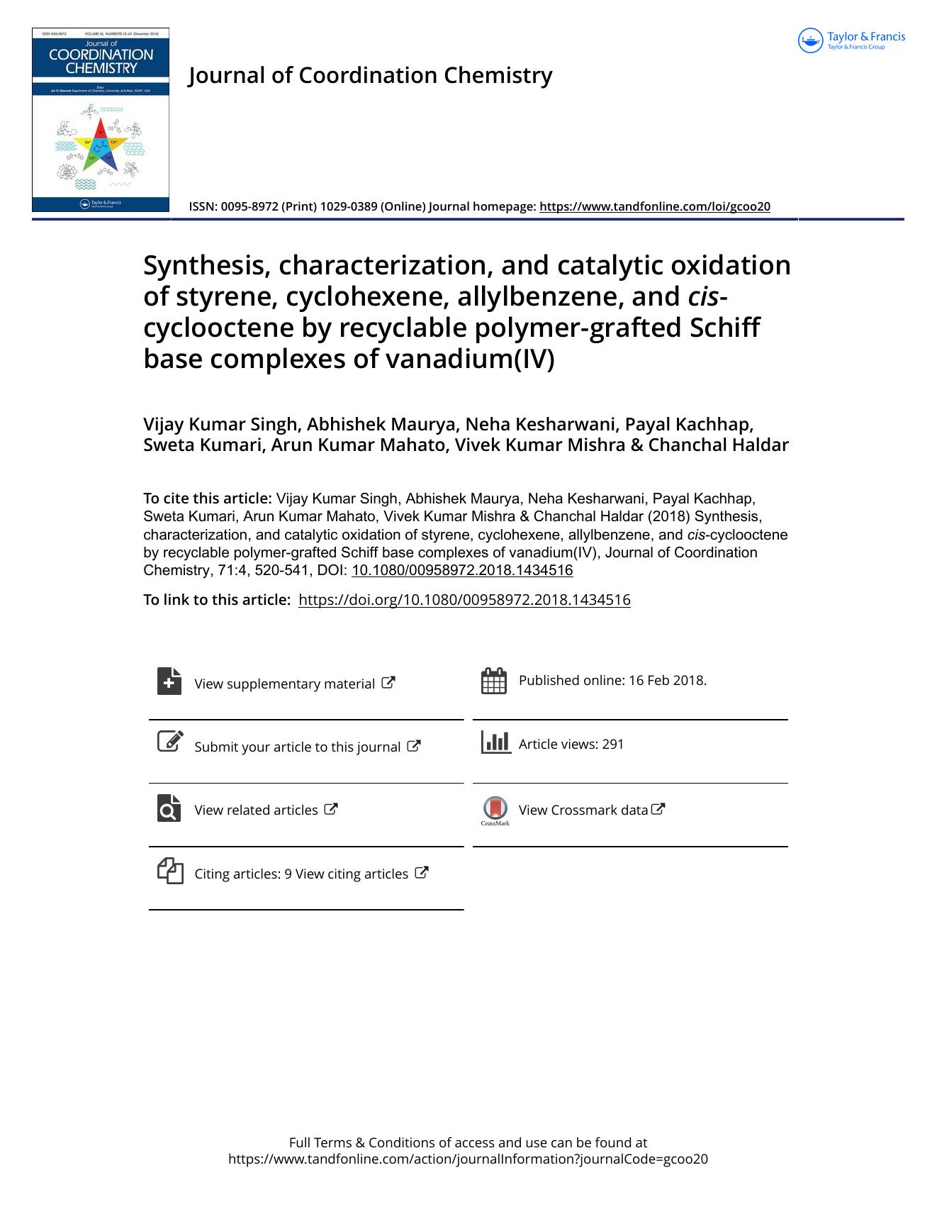 Synthesis, characterization, and catalytic oxidation of styrene, cyclohexene, allylbenzene, and cis-cyclooctene by recyclable polymer-grafted Schiff base complexes of vanadium(IV) by unknow