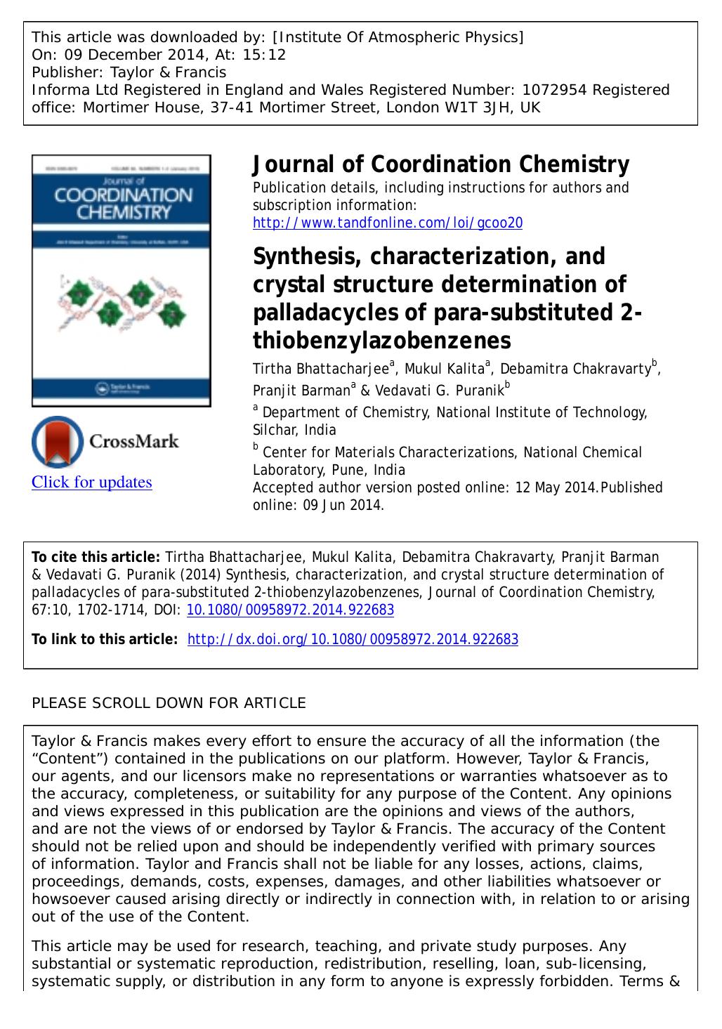 Synthesis, characterization, and crystal structure determination of palladacycles of para-substituted 2-thiobenzylazobenzenes by Tirtha Bhattacharjee