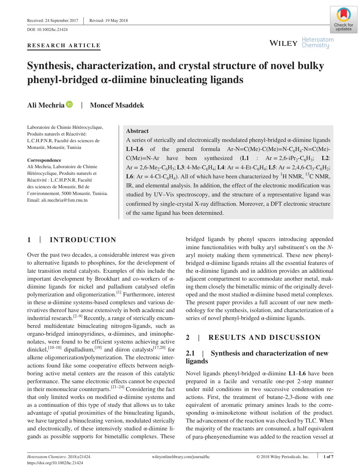 Synthesis, characterization, and crystal structure of novel bulky phenylâbridged Î±âdiimine binucleating ligands by Unknown