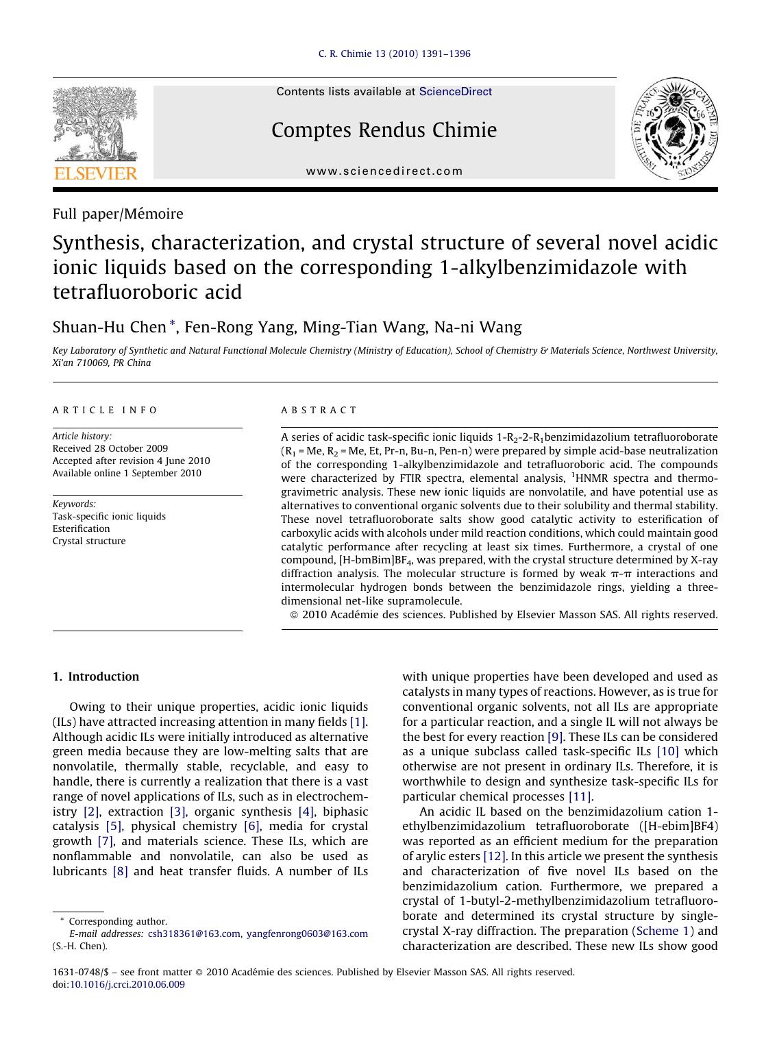 Synthesis, characterization, and crystal structure of several novel acidic ionic liquids based on the corresponding 1-alkylbenzimidazole with tetrafluoroboric acid by Shuan-Hu Chen