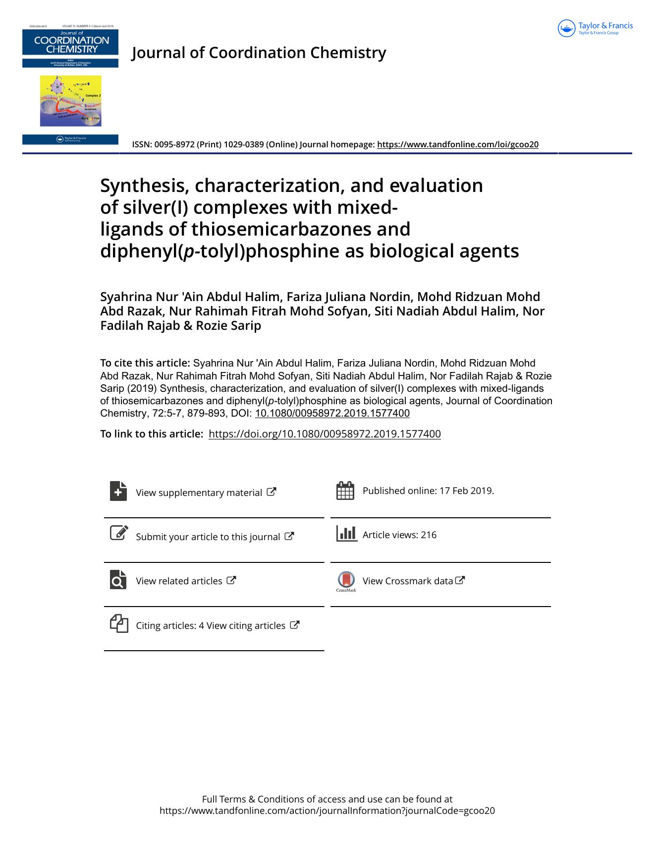 Synthesis, characterization, and evaluation of silver(I) complexes with mixed-ligands of thiosemicarbazones and diphenyl(p-tolyl)phosphine as biological agents by unknow